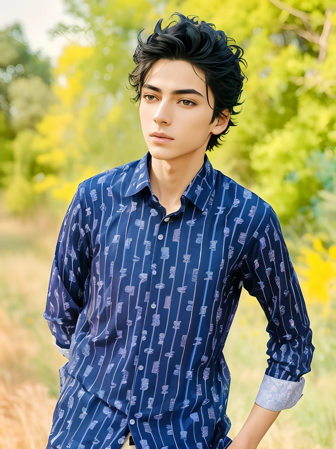 arafed man in a blue shirt standing in a field, delicate androgynous prince, mid shot portrait, androgynous person, beautiful androgynous prince, androgynous male, front portrait, wearing in shirt, dark blue shirt, around 1 9 years old, androgynous, profile image, vastayan, photo taken in 2 0 2 0