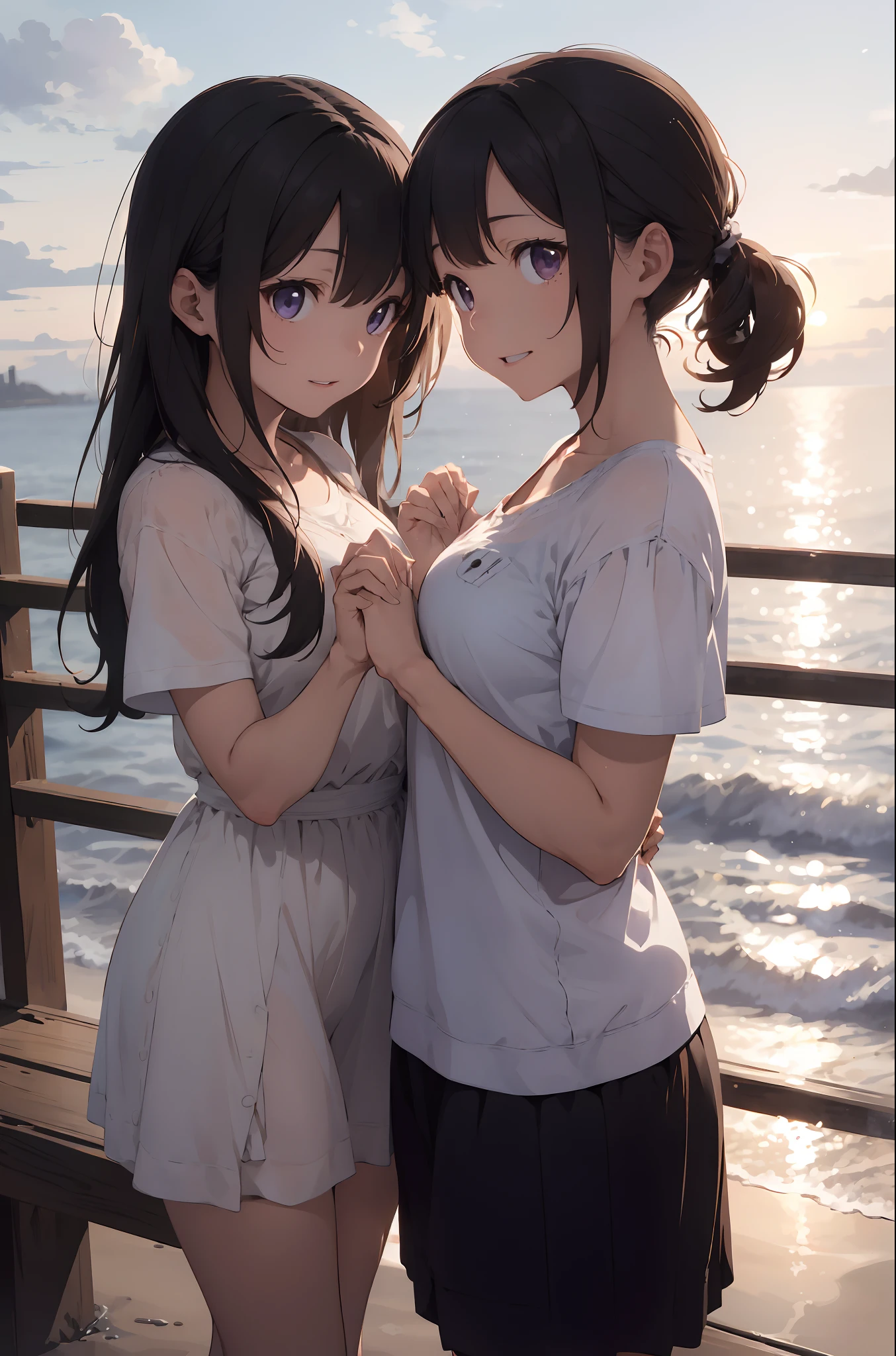 As the sun dipped below the horizon, the sky transformed into a canvas of purples and oranges, casting a gentle, romantic glow over the scene (atmosphere: 1.0). BREAK On a cozy, moonlit beach, a couple, John and Sarah, sat together on a weathered wooden bench (couple's setting: 1.0). John's eyes, glistening with affection, were locked onto Sarah's radiant smile (John's expression: 1.0). Sarah's cheeks were flushed with a rosy hue, a clear sign of her deep, heartfelt happiness (Sarah's expression: 1.0). BREAK Their intertwined fingers spoke volumes of their unbreakable bond (gesture: 1.0), and their animated conversation was punctuated by bursts of laughter (interaction: 1.0). BREAK In the backdrop of this intimate moment, the waves rhythmically kissed the shore (natural soundtrack: 1.0), adding a soothing melody to their love story (effect: Romantic Serenity: 1.4).