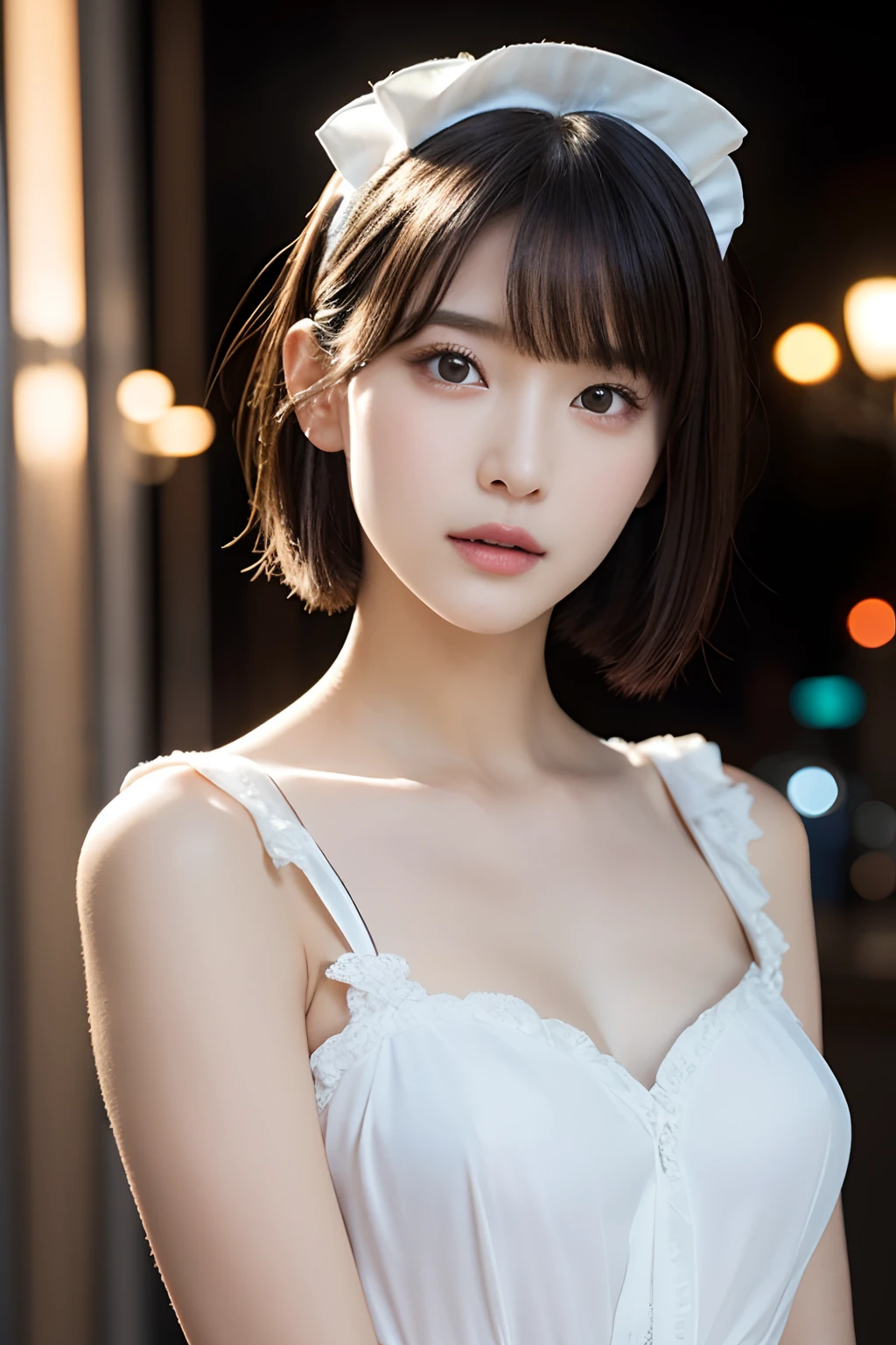 1girl in, Very elegant girl, (Young Face, Cute), (French maid costume:1.2), (Raw photo, Best Quality), (Realistic, Photorealsitic:1.4), masutepiece, Extremely delicate and beautiful, Extremely detailed, 2k wallpaper, amazing, finely detail, the Extremely Detailed CG Unity 8K Wallpapers, Ultra-detailed, hight resolution, Soft light, Beautiful detailed girl, extremely detailed eye and face, beautiful detailed nose, Beautiful detailed eyes, Short hair,
Bangs, Elegant rounded bob, Cinematic lighting, Typical views of Paris, Perfect Anatomy, Slender body, Beautiful constricted waist, thin legs, Looking at the camera