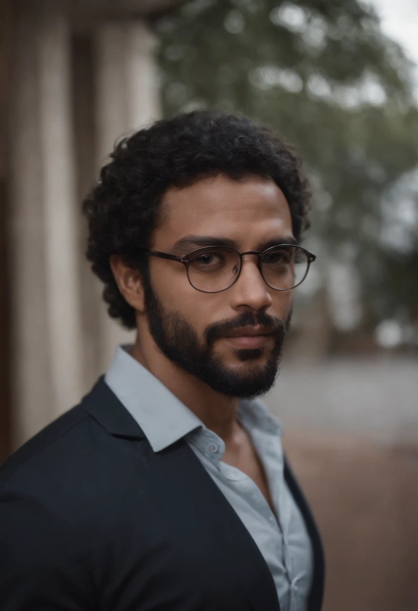 homem negro, 35 anos, olhos pretos, cabelo black power, barba rala, oculos de grau e professor