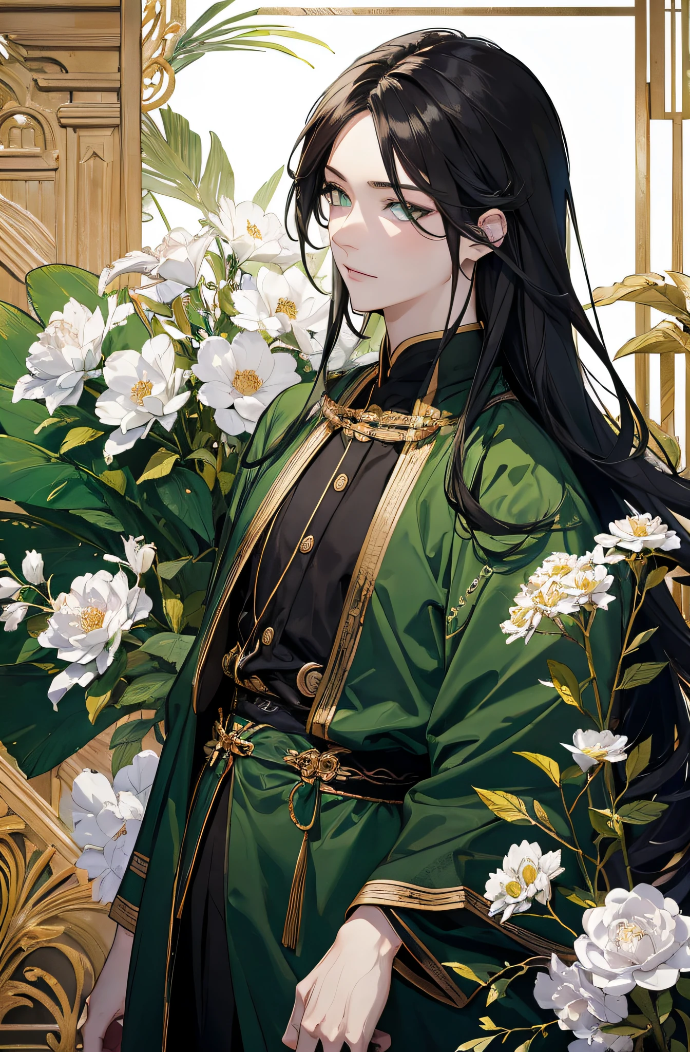 Meisterwerk, hyper HD,sehr detailliert, ((Ein Mann)),Perfektes Gesicht, grinsend,Japanisch Antiker Kleidungsstil,langes schwarzes Haar,green eyes,langes, flowy hair,Goldene Haarnadel,stattlich,gentle,hoch, green and white dyed clothes,outside,Bambus-Hain,Blick auf den Betrachter