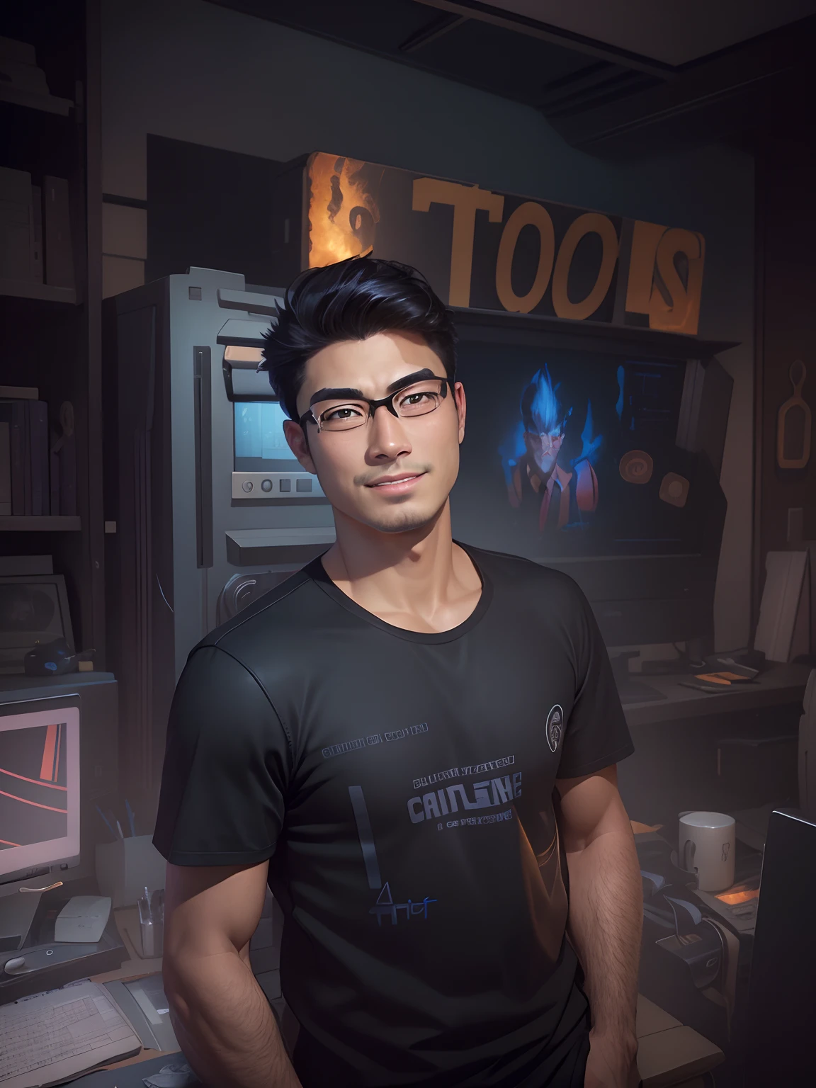 (Masterpiece), (Extreme Quality), (Super Meticulous), (Full Body: 1.2), Super Young Man, Chinese Dragon, Tiger, Wind God Thor, Sexy, Bursting, Oriental Face, TV Anchor, Bust Portrait Illustration, Black Formal Suit, Blue Tie, Slightly Chubby Face, Silver Glasses, Very Clean Face, No Beard on Chin, Black Super Short Hair, Black Eyes, Confident Smile, 3c Computer Sub-Products, iPad, iPhone, Digital Painting, 3D Character Design by Mark Claireden and Pixar and Hayao Miyazaki and Akira Toriyama, The illustration is a high-definition illustration in 4K resolution with very detailed facial features and cartoon-style visuals.