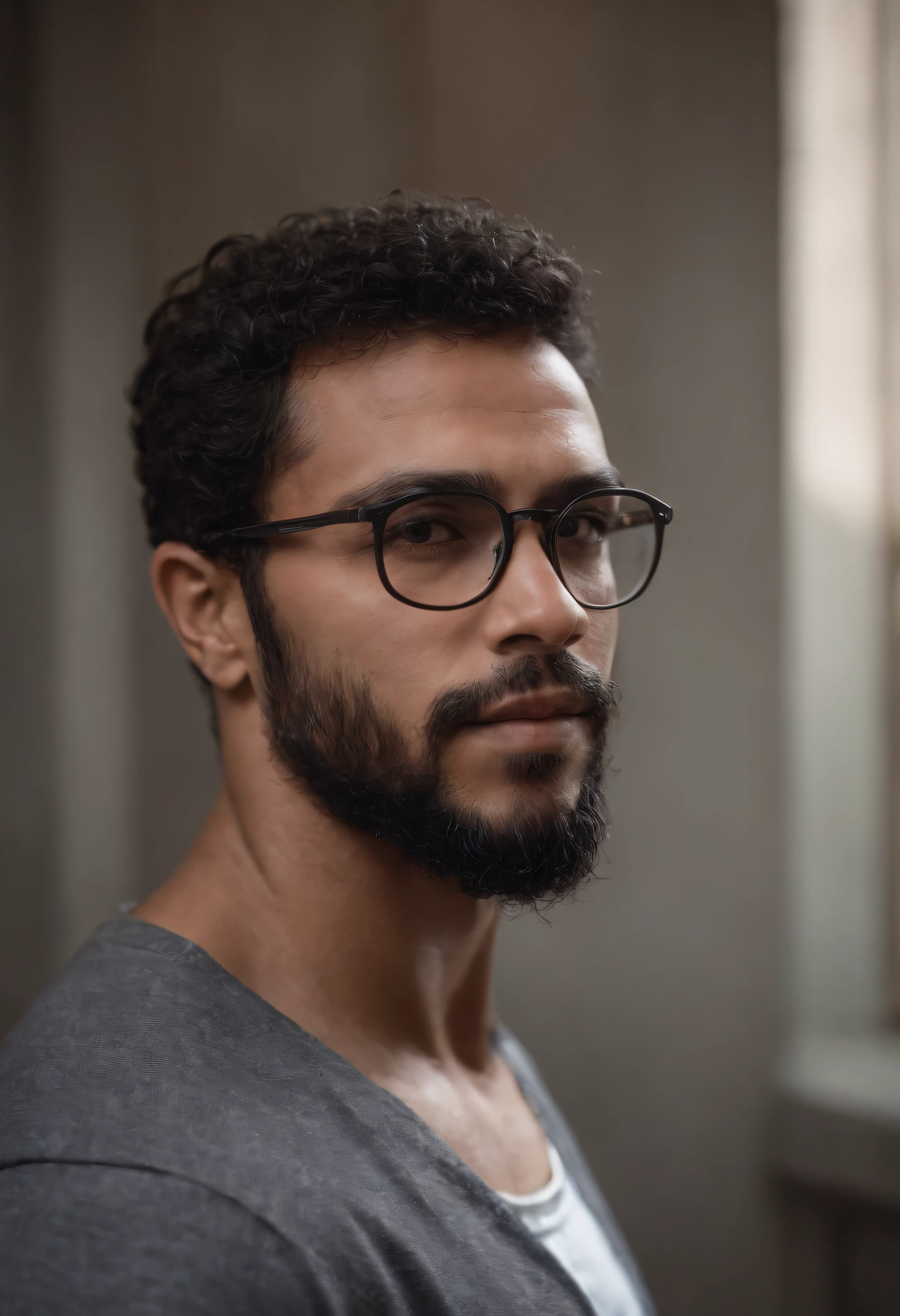 homem negro, 35 anos, olhos pretos, cabelo black power, barba rala, oculos de grau e professor