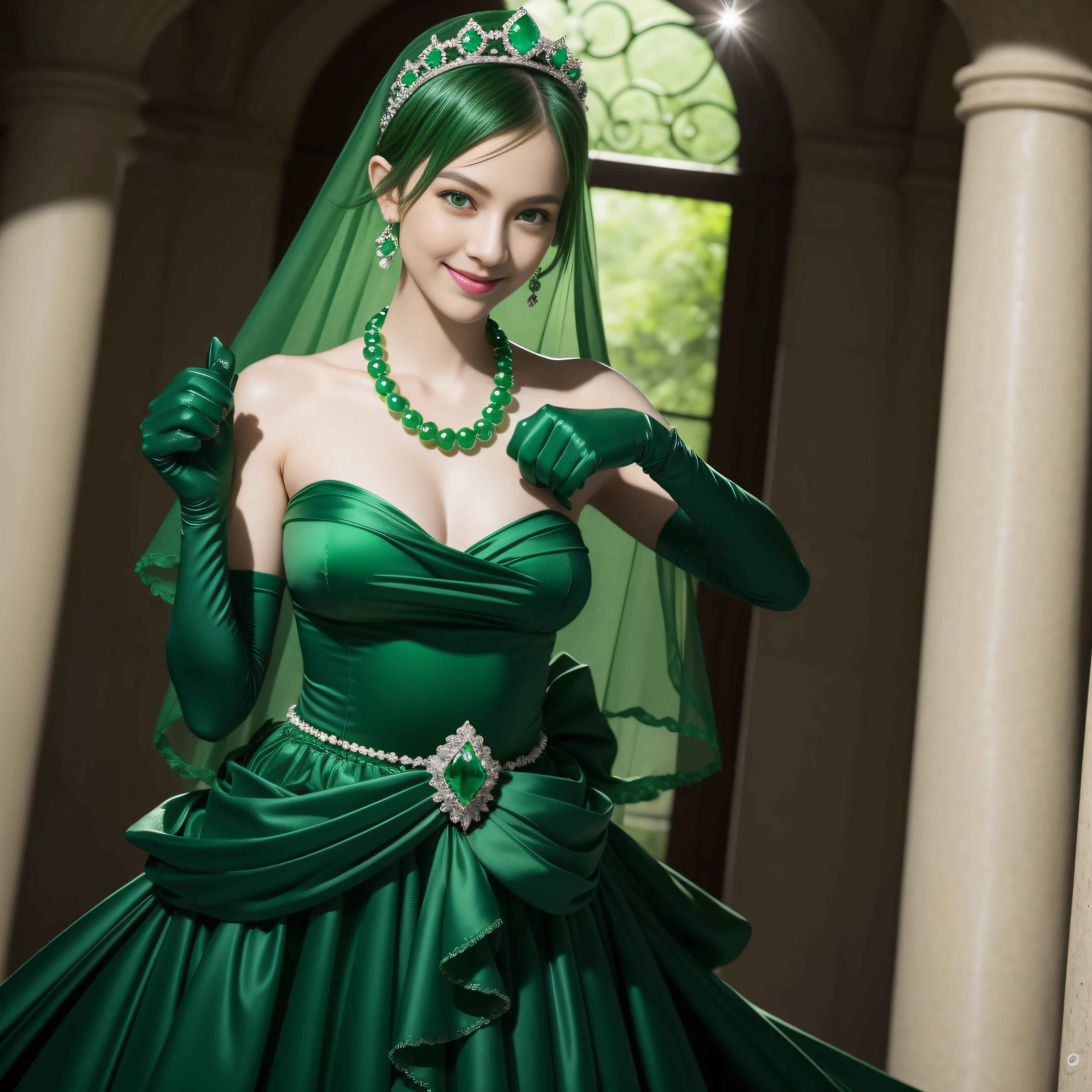 emerald tiara, Green Pearl Necklace, Boyish very short green hair, lipsticks, Japan woman smiling, very short short hair, fist, big breasts beautiful, Green eyes, Long green gloves made of satin material, Green eyes, Emerald Earrings, Pregnancy, Pregnant Woman