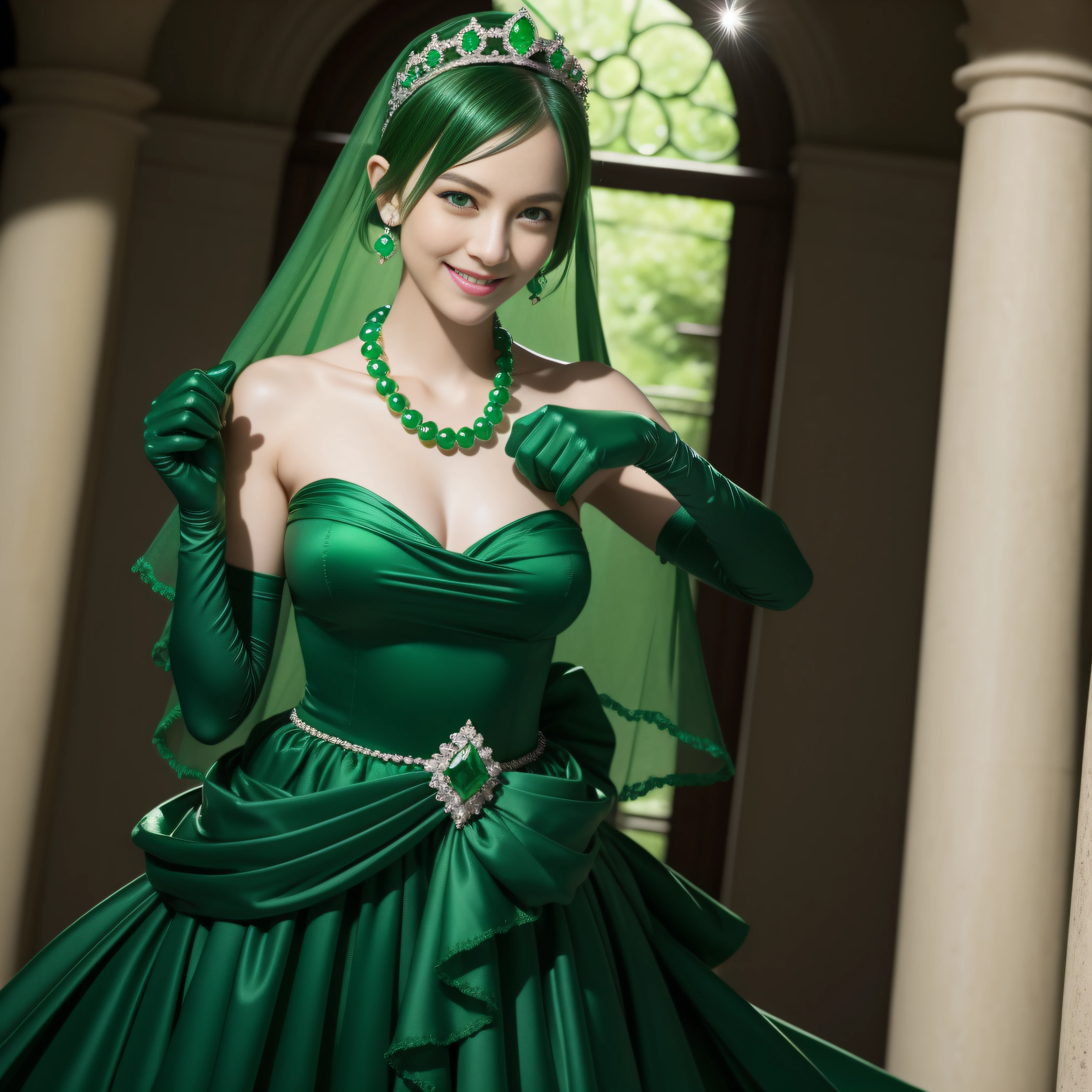 emerald tiara, Green Pearl Necklace, Boyish very short green hair, lipsticks, Japan woman smiling, very short short hair, fist, big breasts beautiful, Green eyes, Long green gloves made of satin material, Green eyes, Emerald Earrings, Pregnancy, Pregnant Woman