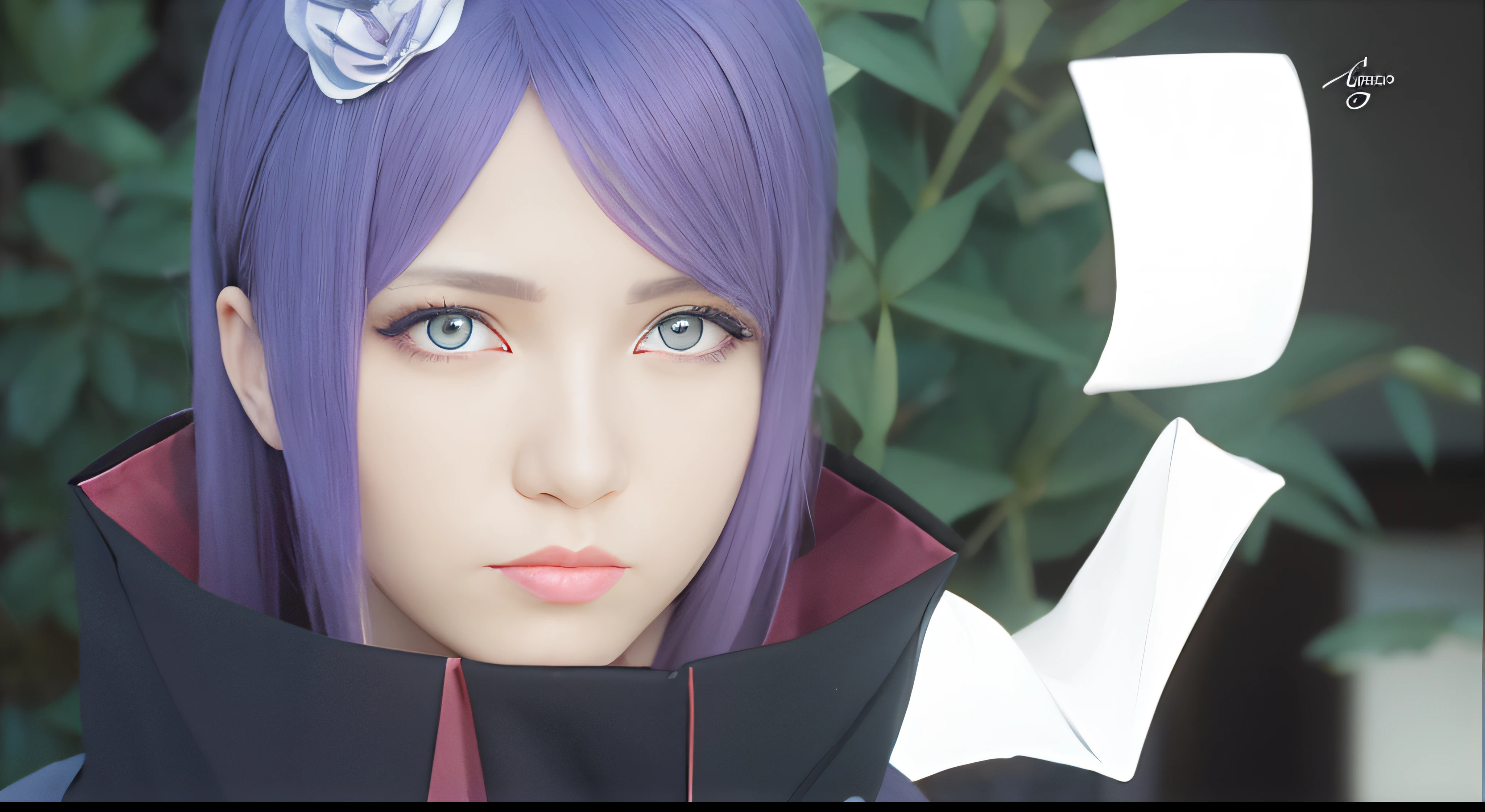 natural strands purple hair, real hair line scalp, real hair, purple eye shadow, realistic, origami flower, 70mm lens, photograph