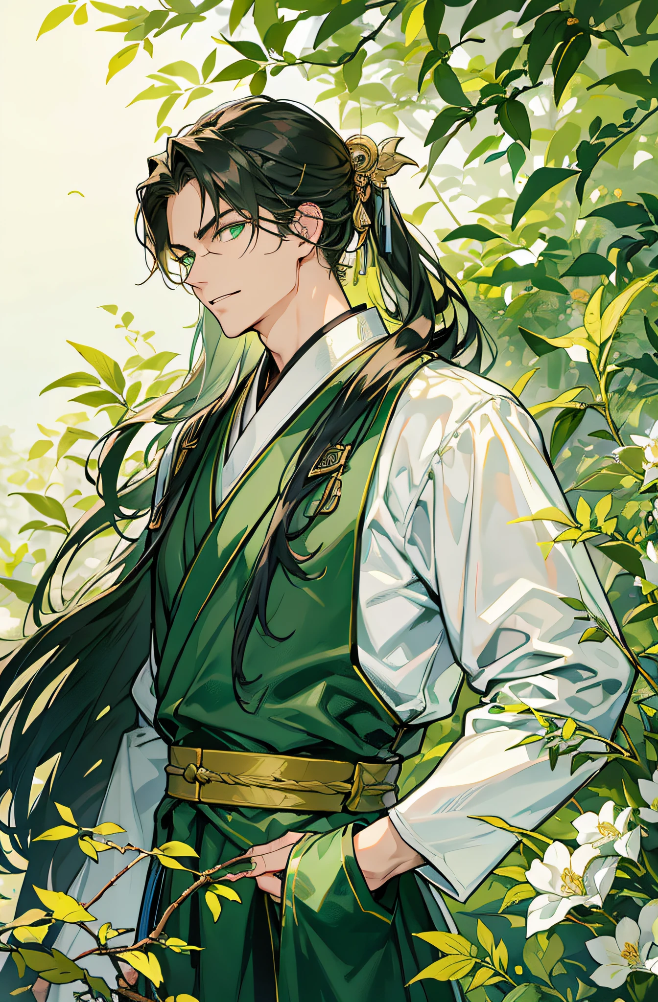 Meisterwerk, hyper HD，sehr detailliert, ((Ein Mann))，Perfektes Gesicht, grinsend，Japanisch Antiker Kleidungsstil，langes schwarzes Haar，green eyes，langes, flowy hair，Goldene Haarnadel，stattlich，gentle，hoch, green and white dyed clothes，outside，Bambus-Hain，Blick auf den Betrachter
