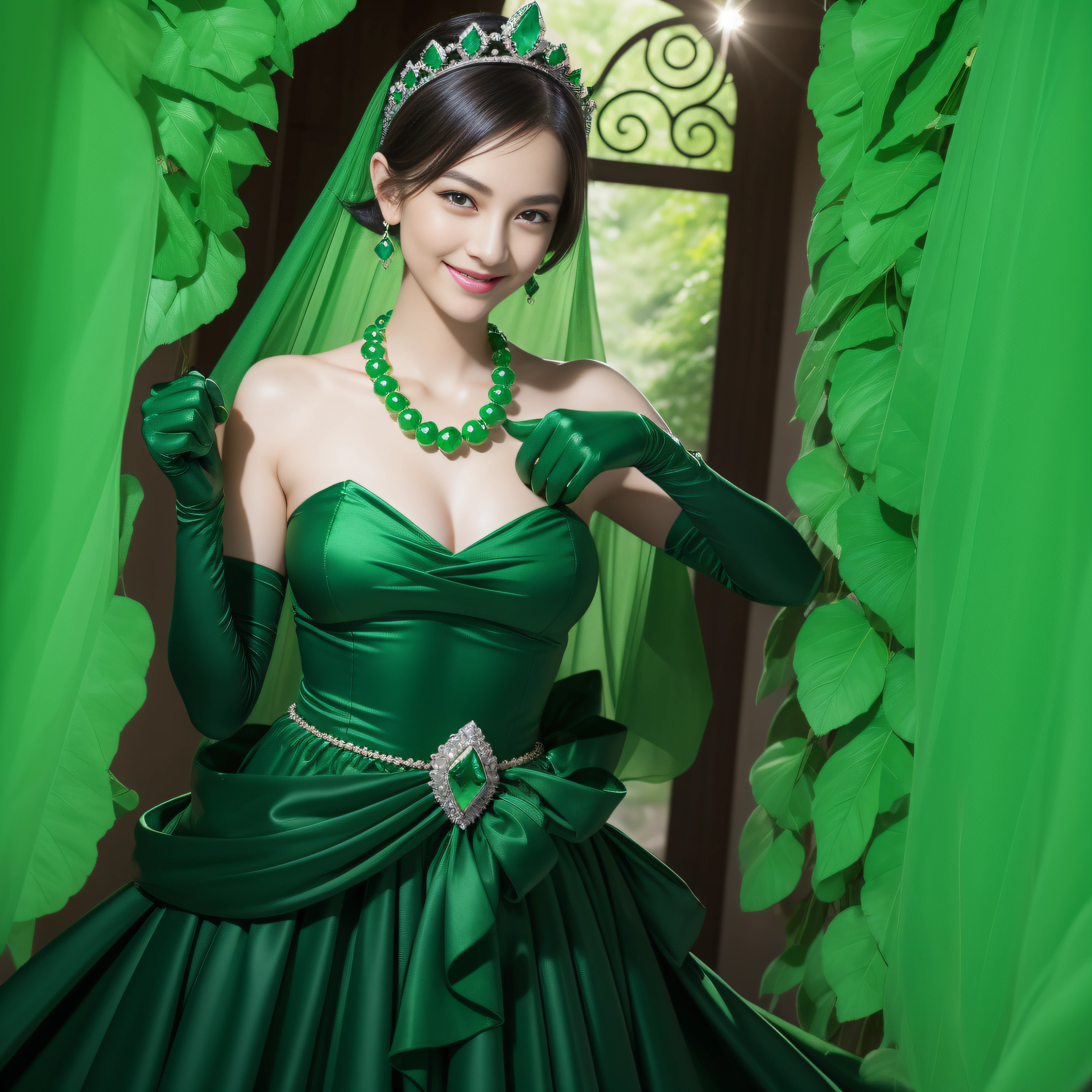 emerald tiara, Green Pearl Necklace, Boyish very short black hair, lipsticks, Japan woman smiling, very short short hair, fist, big breasts beautiful, Green eyes, Long green gloves made of satin material, Green eyes, Emerald Earrings
