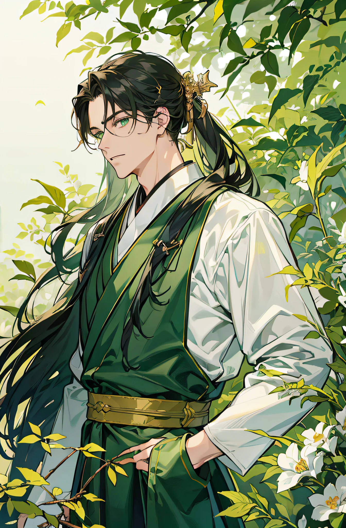 Meisterwerk, hyper HD,sehr detailliert, ((Ein Mann)),Perfektes Gesicht, grinsend,Japanisch Antiker Kleidungsstil,langes schwarzes Haar,green eyes,langes, flowy hair,Goldene Haarnadel,stattlich,gentle,hoch, green and white dyed clothes,outside,Bambus-Hain,Blick auf den Betrachter