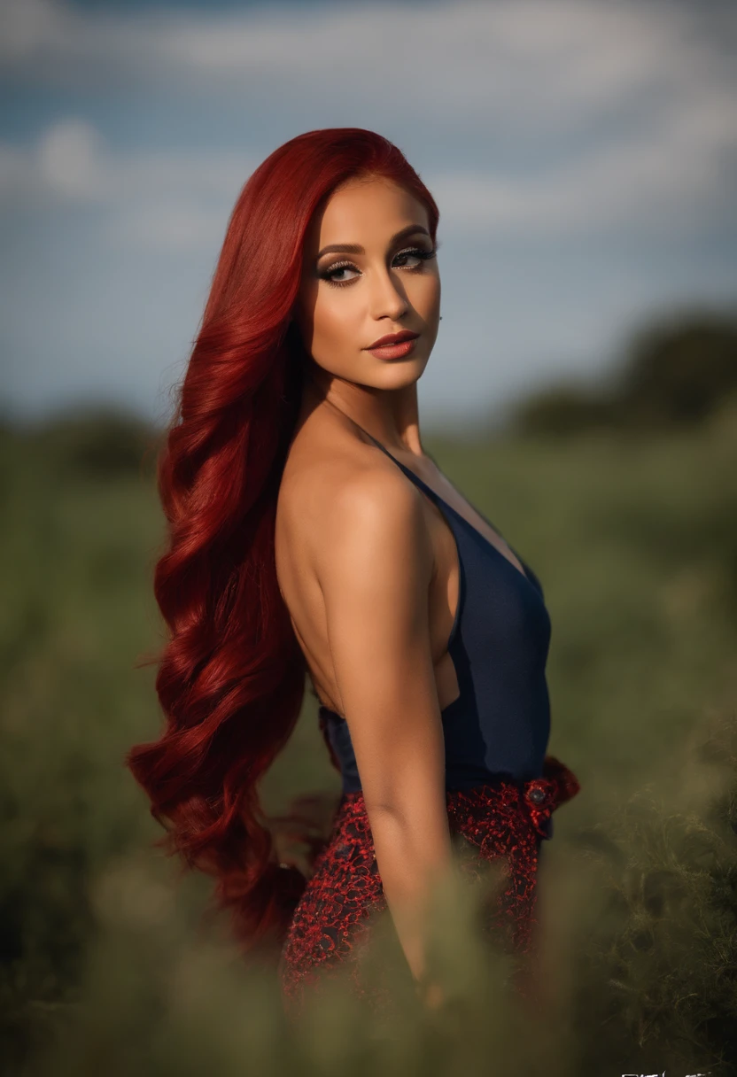 Araffed - chica de pelo con el pelo rojo y un vestido azul, Ariana Grande, con cabello rojizo oscuro, Ella tiene el pelo rojo, Red crimson hair, she has long orange brown hair, red tinted hair, Ella tiene el pelo largo redorange, Ariana Grande como Sith, con el pelo rojo, Cabello rojizo, crimson hair, cabello rojo oscuro, Crimson red hair