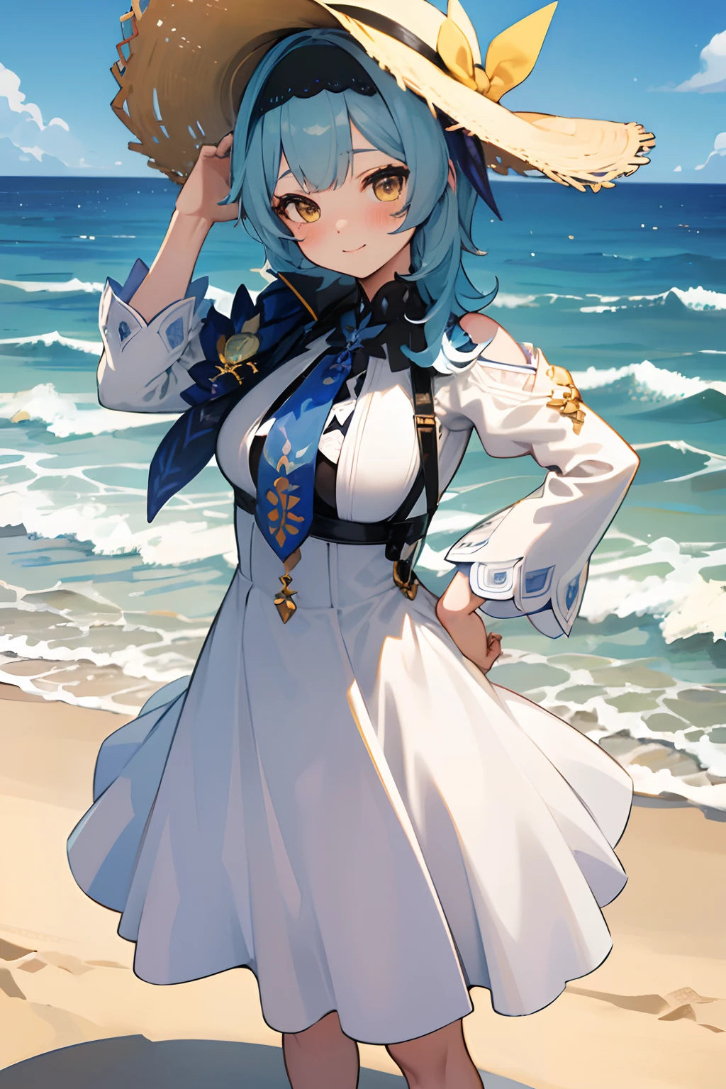 SFW, masterpiece, standing (woman 1), (((cute pose)), (white long dress), yellow eyes, pouder blue hair, cute smile, (beach), wind, blush, hay hat, thicc