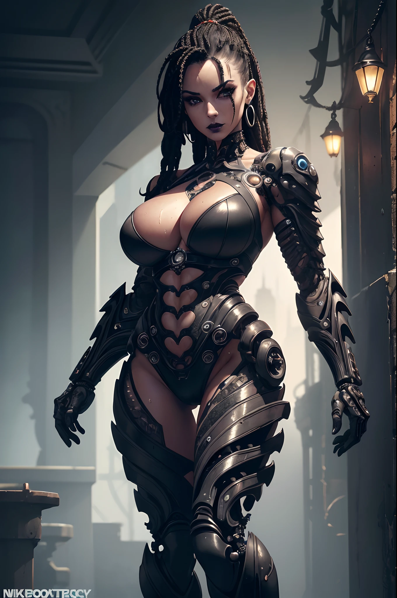 (Hyperrealistic: 1.3), athletic European goth woman, white woman, full body, (biomechanical:1.3), cables, implants, wet exposed skin, exposed abs, masterpiece, (dark: 1.3), darkness, low light, night, cinematic lighting, fil noir, highest quality, sexy woman, (hight teck cyborg:1.2), (enormous perky detailed breasts), feminine, symmetrical, highly detailed, gigapixel, fit, (sharp body), detailed body, on focus, gorgeous face, (black eye makeup), (black lipstick), tattoos, (black hair in dreadlocks), (Simon Bisley), (2000 a.d.), (ABC warriors), (Joe pineapples), ridged, grim, grimdark.