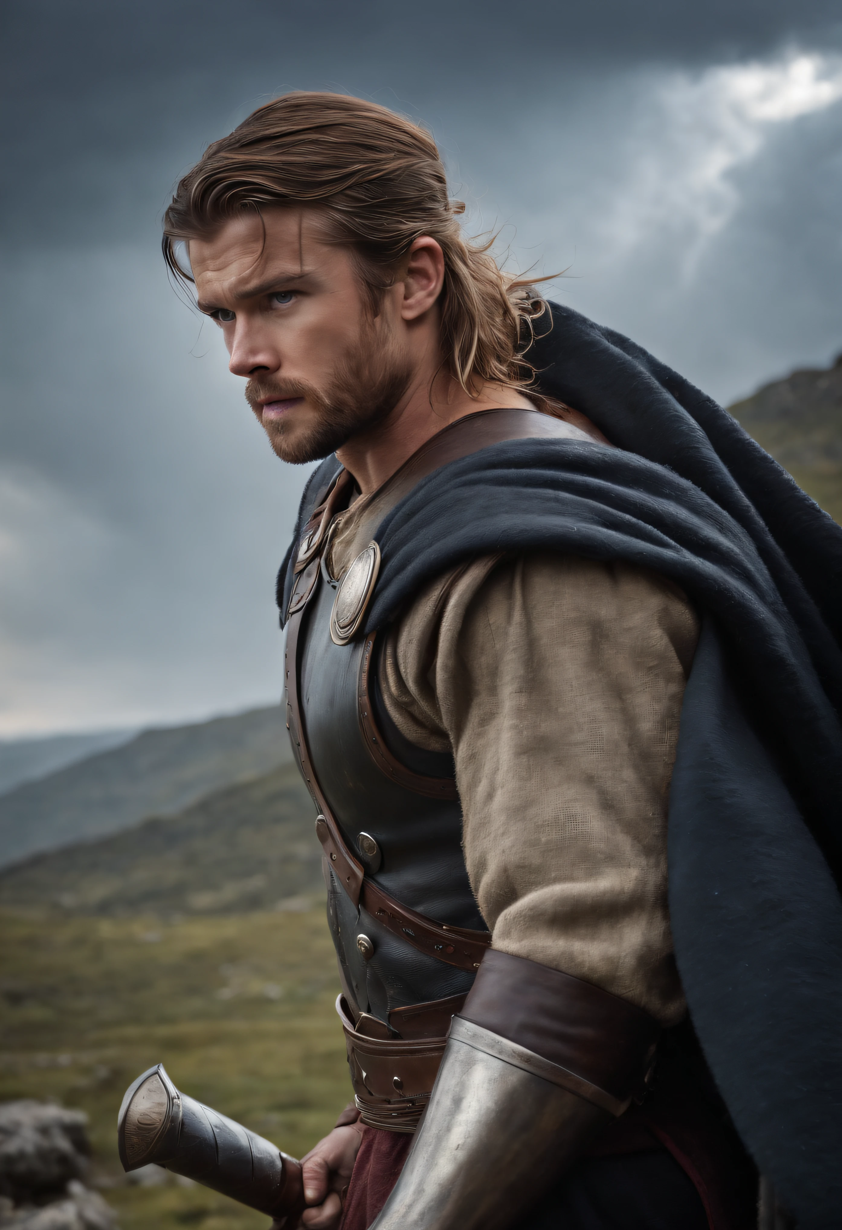 Chris Hemsworth, a norse warrior raises his sword, a lightning strikes the sword, epic effect, epic scene, maximum detail, unreal light, unreal atmosphere, illustrations, vibrant colors, high contrast, dramatic lighting, stormy sky, rugged landscape, meticulous details, powerful stance, fierce expression