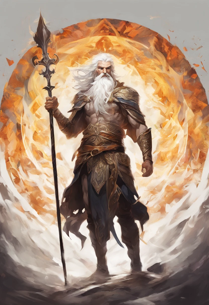 expressive essence of brush strokes art, raw energy and emotion of brushwork, in the art style of Raymond Swanland and art style of Martin Ansin, (Greek god white hair and white beard:1) of the sky and thunder in the sky, symmetric circular iris