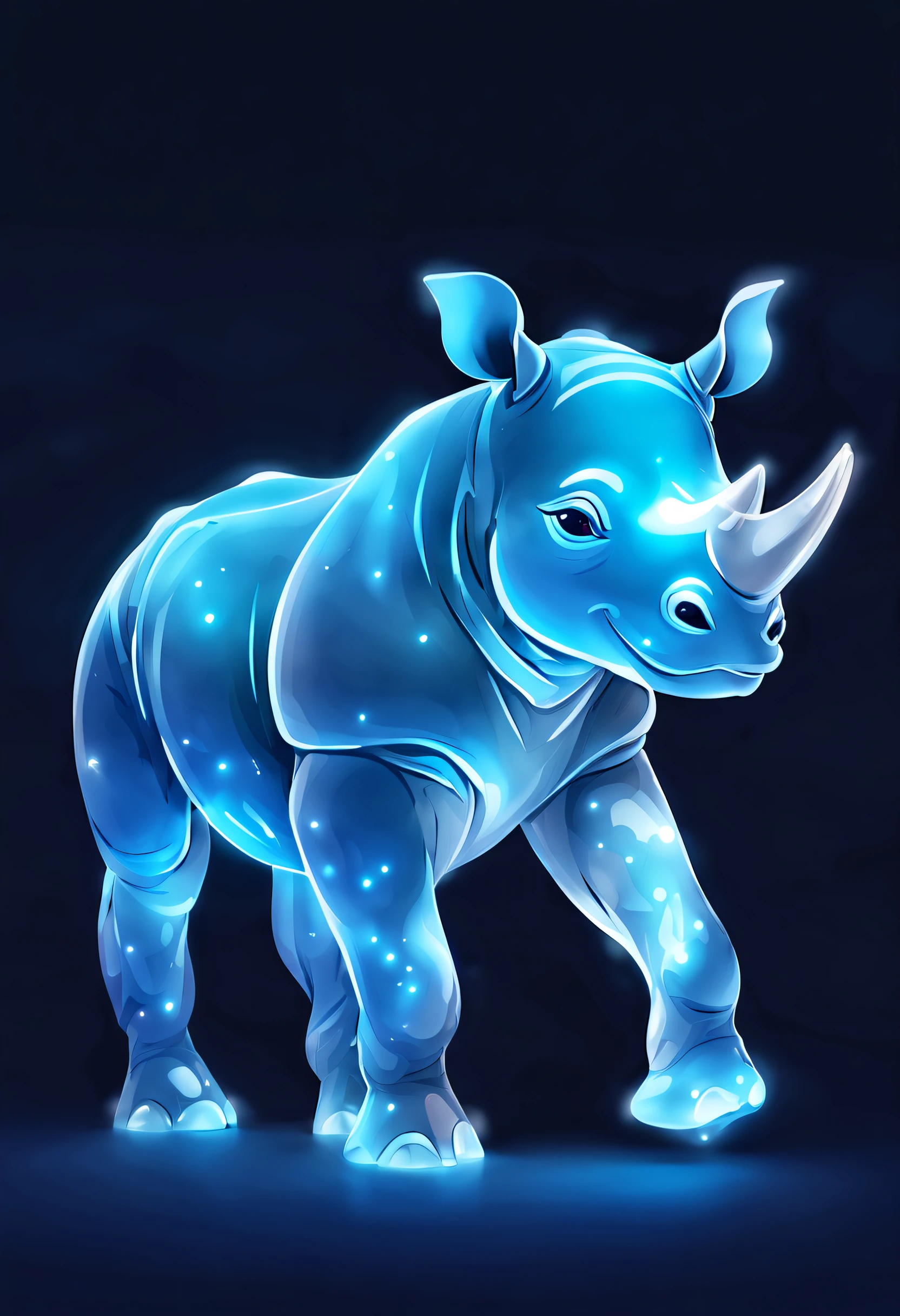LU,blue theme,glowing,transparent luminous body,kawaii,rhinoceros,
