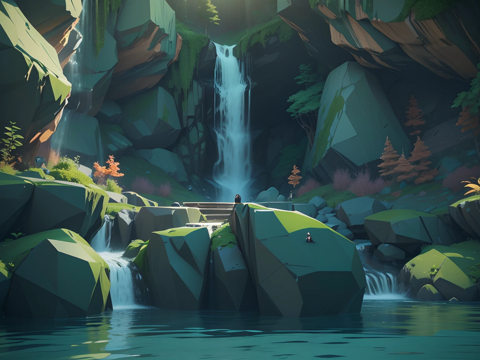 there is a bear that is standing in the water by some rocks, a low poly render inspired by senior environment artist, polycount contest winner, conceptual art, epic coves crashing waves plants, small waterfall, stylized as a 3d render, cave with waterfall, next to a waterfall, brutalist waterfall environment, small waterfalls, stylized concept art, with waterfalls
