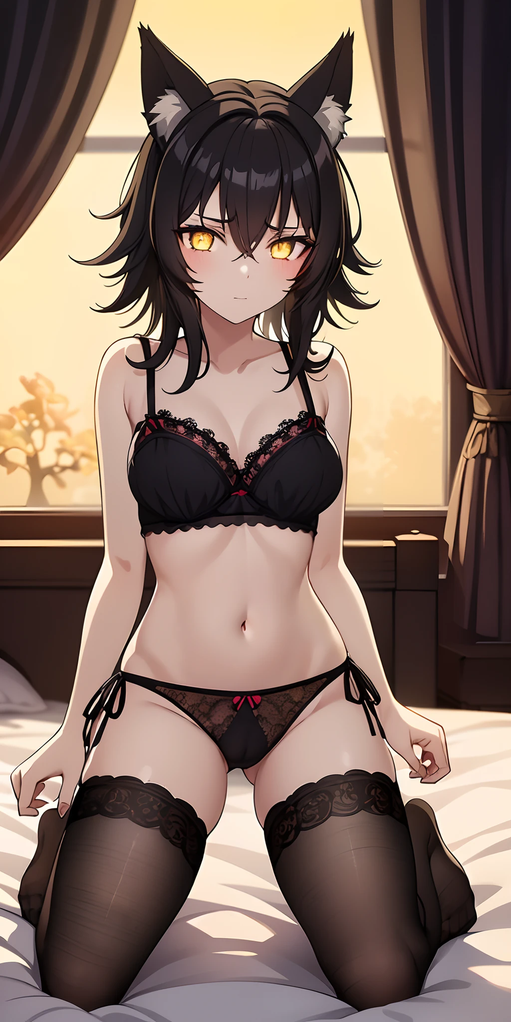 1girl, medium hair, black hair, ((yellow eyes)), on bed, no shoes, thighhighs, messy hair, covering ears, fox ears, medium breasts breasts, fox tail, lace-trimmed bra, nsfw, fox girl, half-closed eyes, waking up, kneeling, ((((glowing eyes)))), lace-trimmed panties, see-through,