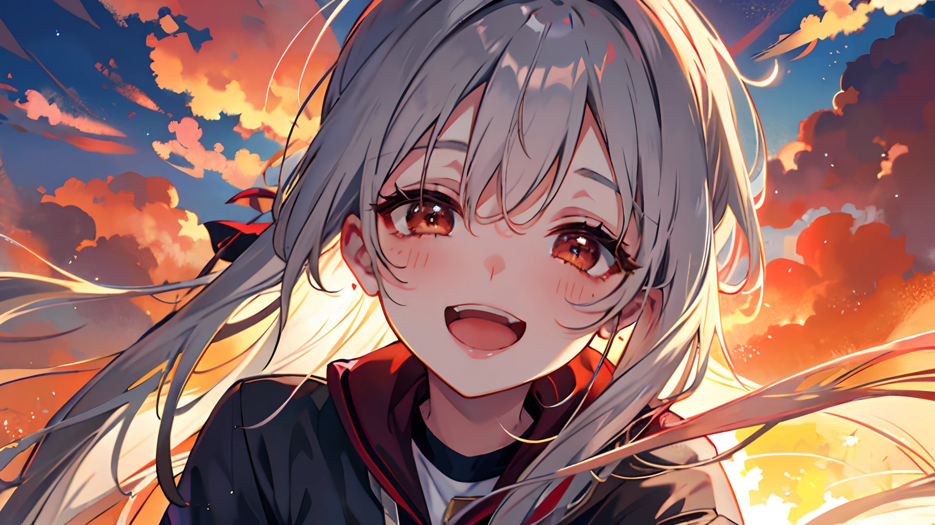 masterpiece, top quality, 1boy, sunset sky, fantastic, gray hair, ponytail, center of the screen, facing here, smiling with open mouth