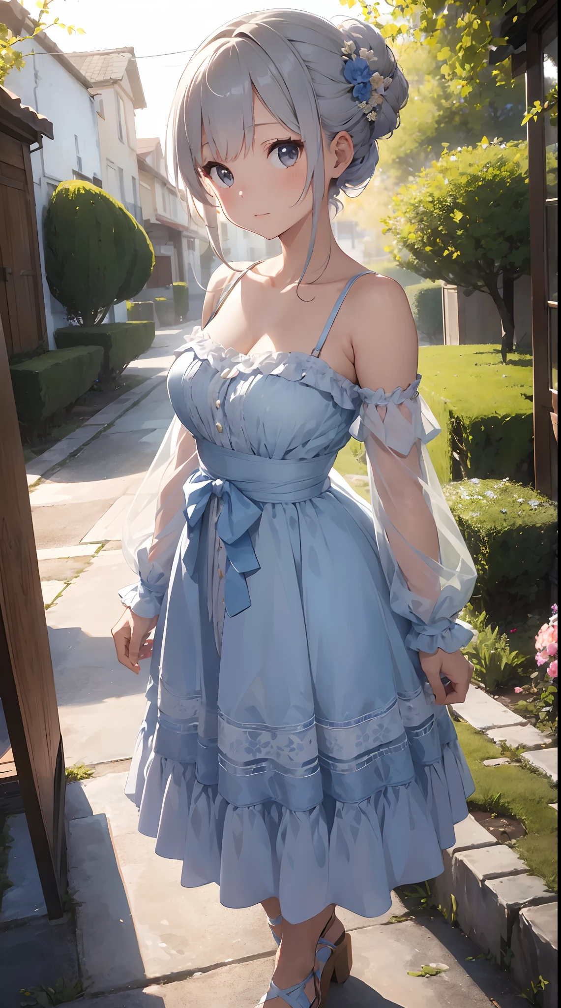 [white:blue:0.45] theme, masterpiece, maiden masterpiece, detail visual art, brown eyes, sky blue hair, long hair, collarbone, royal princess, elegant, gorgeous adult dress, detail cascading skirt, [detail frill: 0.1], [frilled dress: 0.1], embroidery, [detail princess dress: 0.1], bare shoulders, big breasts, open crotch, thigh seam, garter, groin, [NSFW|uncensored], (gradient background: 1.1), low wing