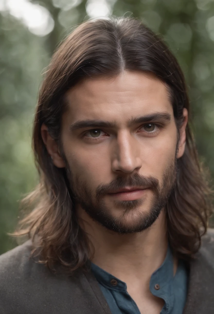 homem magro, long dark shoulder-length hair, olhos fundos, barba rala, olhos pretos e roupas desgastadas