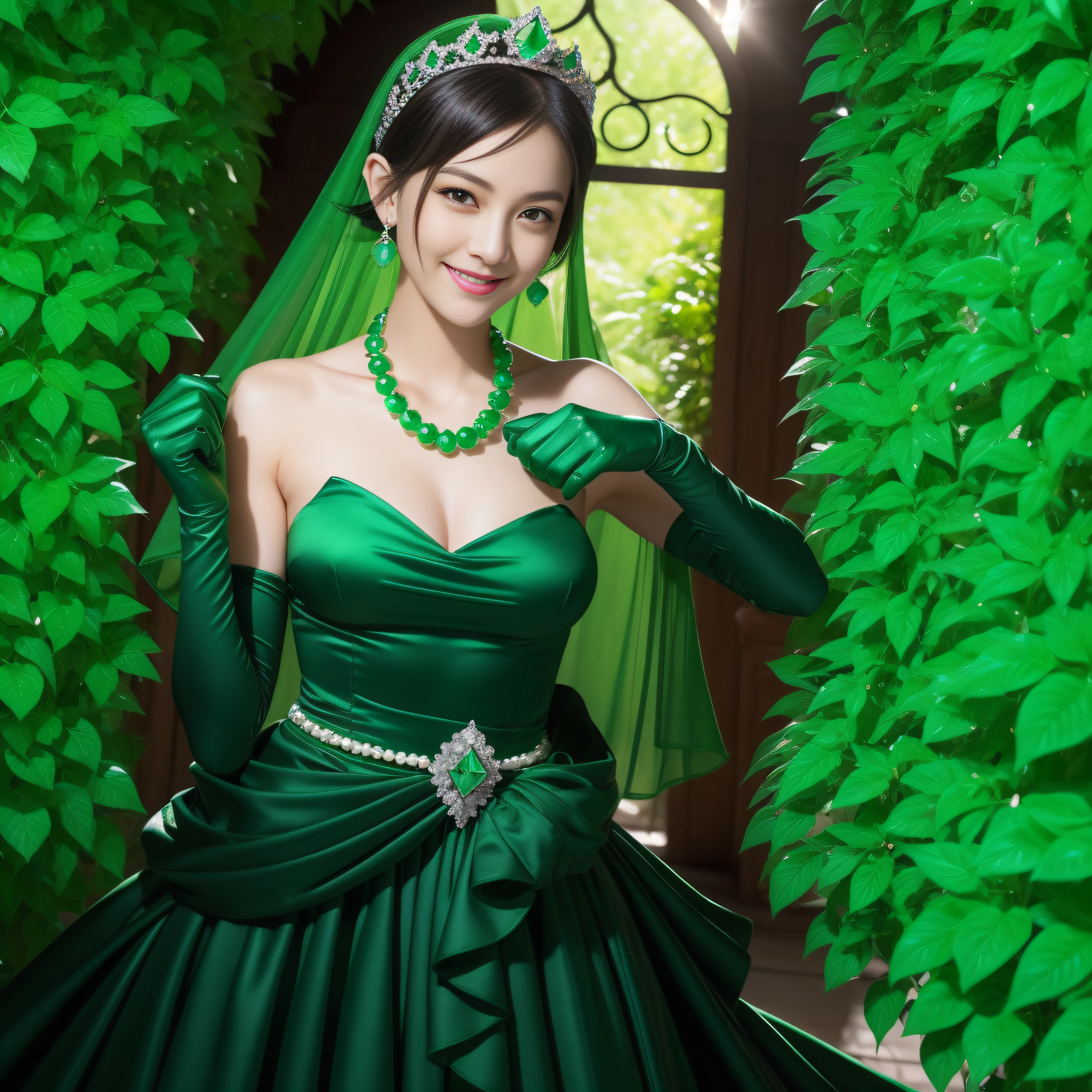 emerald tiara, Green Pearl Necklace, Boyish very short black hair, lipsticks, Japan woman smiling, very short short hair, fist, big breasts beautiful, Green eyes, Long green gloves made of satin material, Green eyes, Emerald Earrings