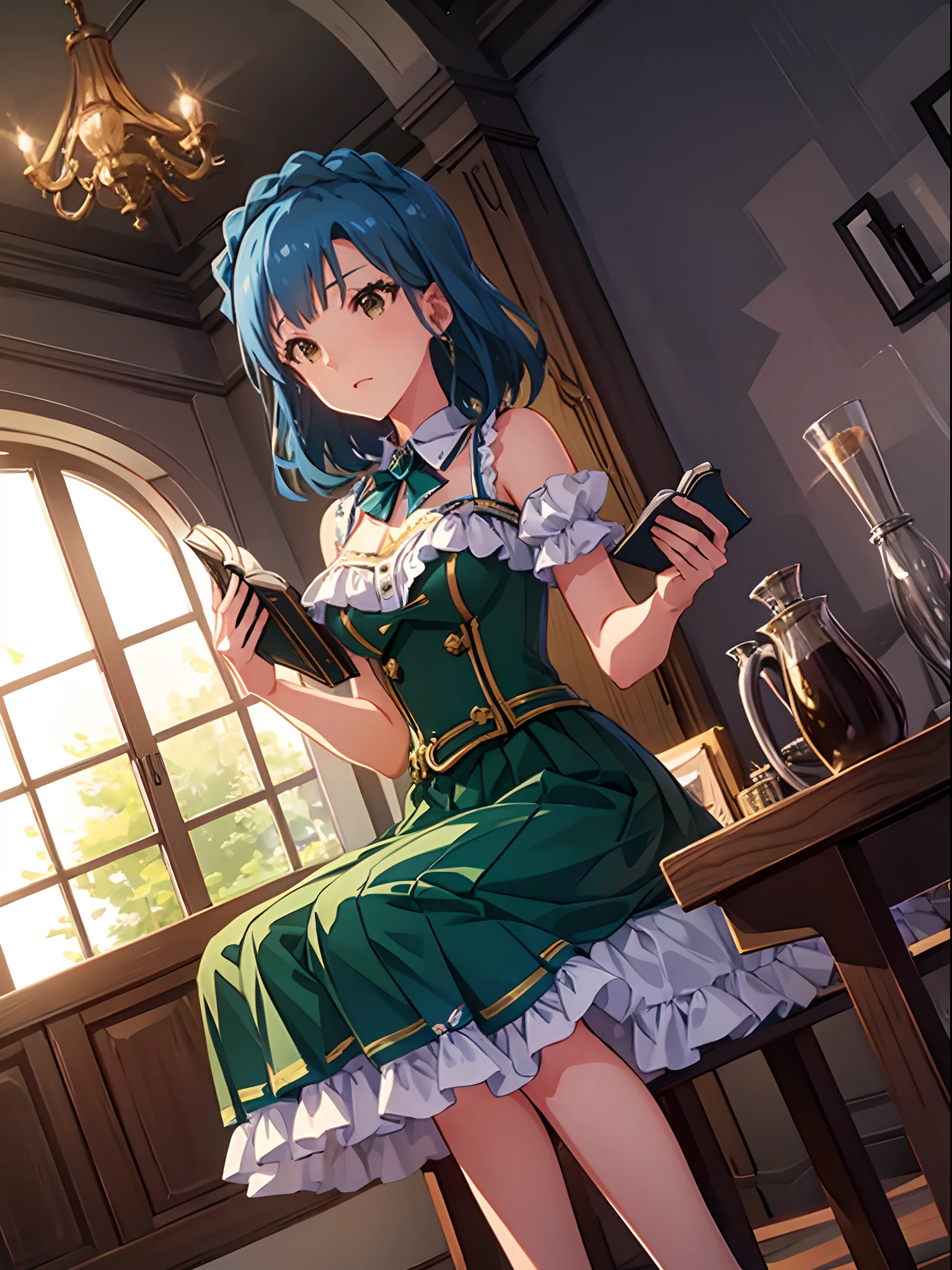 yuriko nanao (million live), 1 girl, solo, 25 years old, best quality, high resolution, 8k, wallpaper, ultra-detailed, {{full body, from below}}, from below, corset dress, maxi dress, collared dress, green dress,sitting on the chair, reading a book,