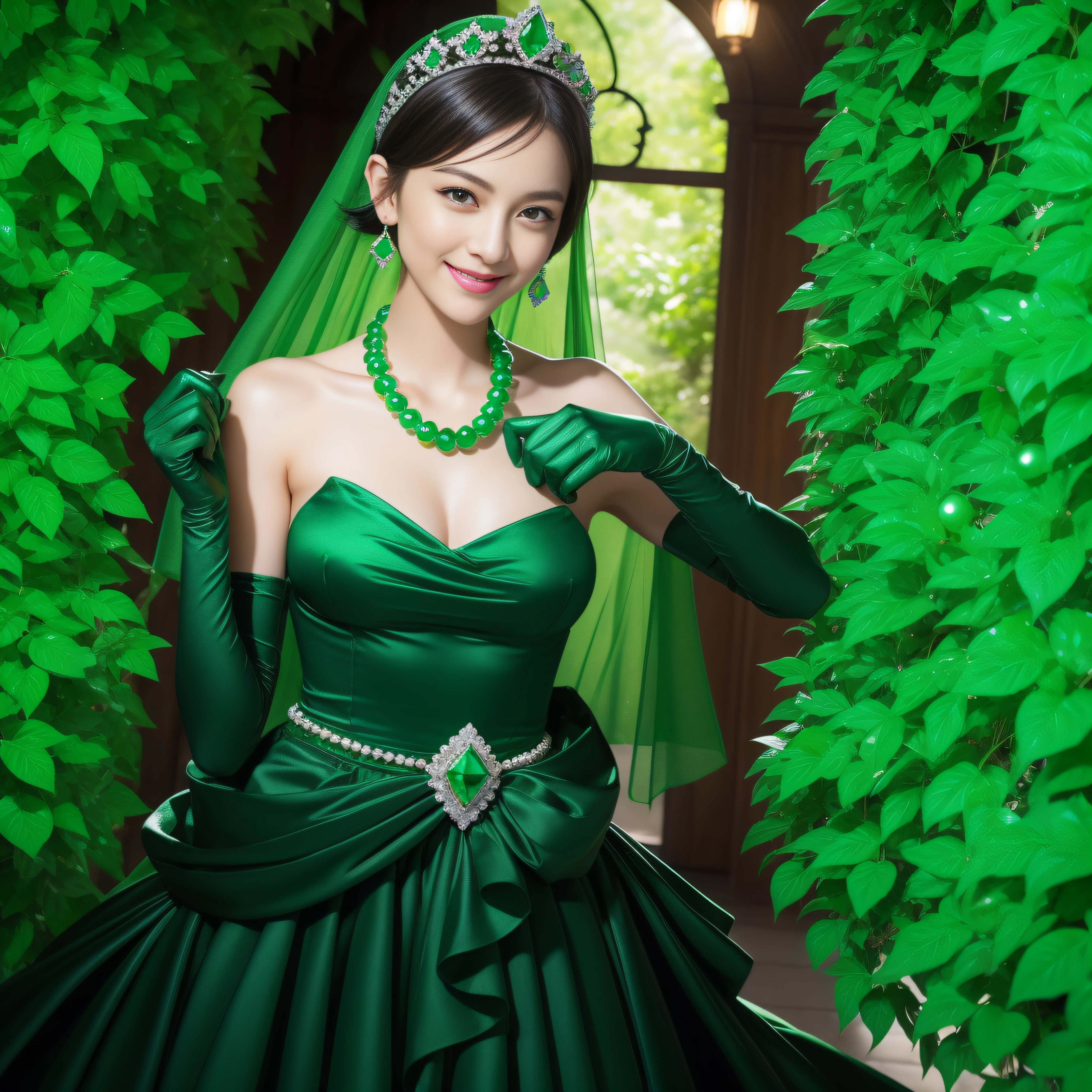 emerald tiara, Green Pearl Necklace, Boyish very short black hair, lipsticks, Japan woman smiling, very short short hair, fist, big breasts beautiful, Green eyes, Long green gloves made of satin material, Green eyes, Emerald Earrings