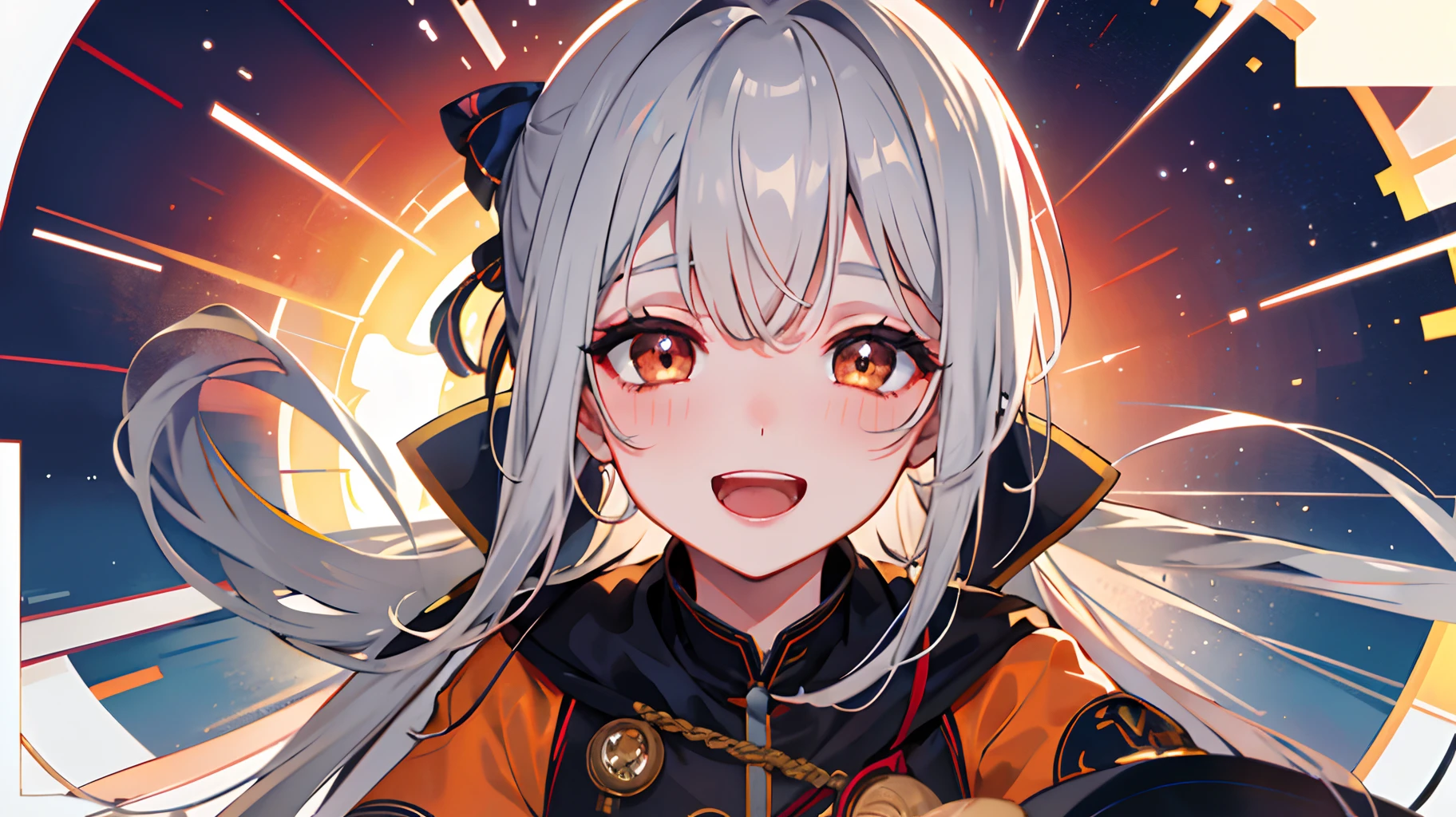 masterpiece, top quality, 1boy, sunset sky, fantastic, gray hair, ponytail, golden eyes, center of the screen, facing here, smiling with open mouth