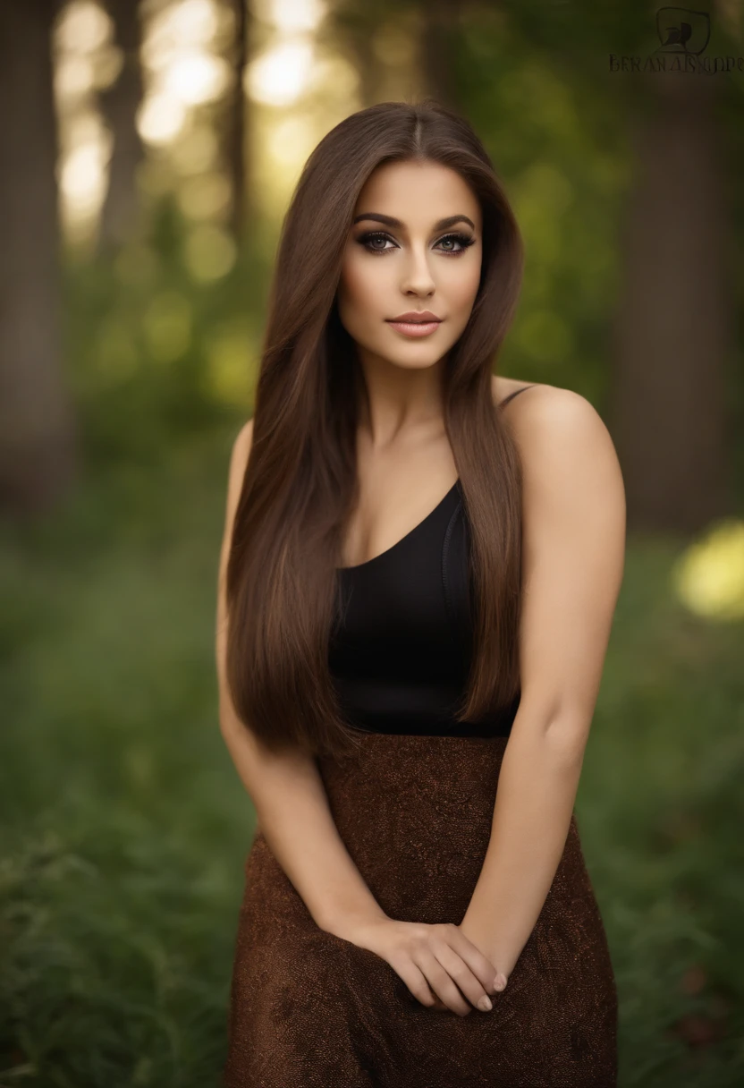 Araffed - hairy girl with brown hair and a black dress, Ariana Grande, with brown hair, She has brown hair, brown-hair, She has long brown hair, She has long brown hair, Ariana Grande como Sith, with brown hair, brown-hair, mirando al frente