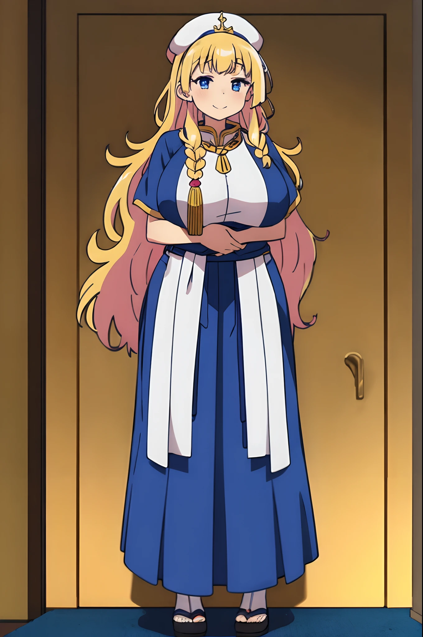 galko,1girl, solo, smile, full body, standing, long skirt, priestess, religious, holy, cute, blush, bimbo body,chocovenus,big breast,tall female, blush,