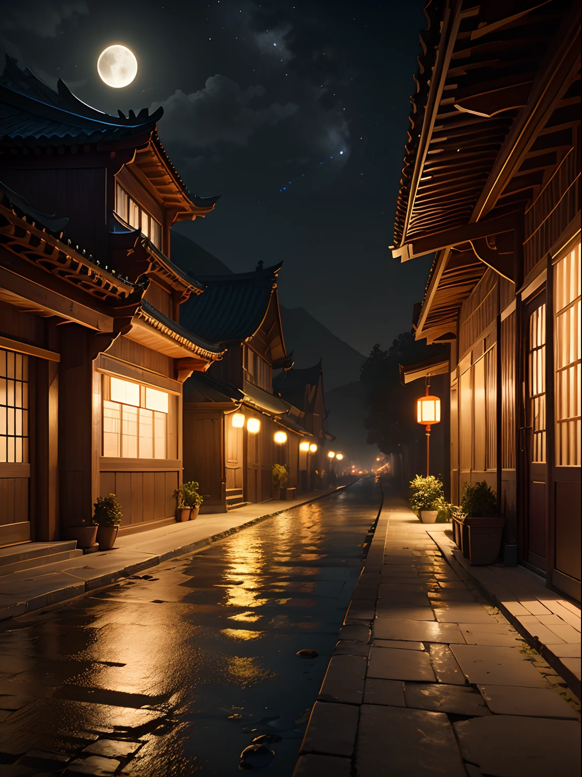 Official Art, Ancient China, Ancient Streets, (Lots of Fireflies), (Night), (Moon), Lights, Beautiful Landscapes, Epic Landscapes, Realistic Lighting, Masterpieces, High Quality, Beautiful Graphics, High Detail, Global Illumination, Unreal Engine Rendering, Octane Rendering, (HDR:1.3)