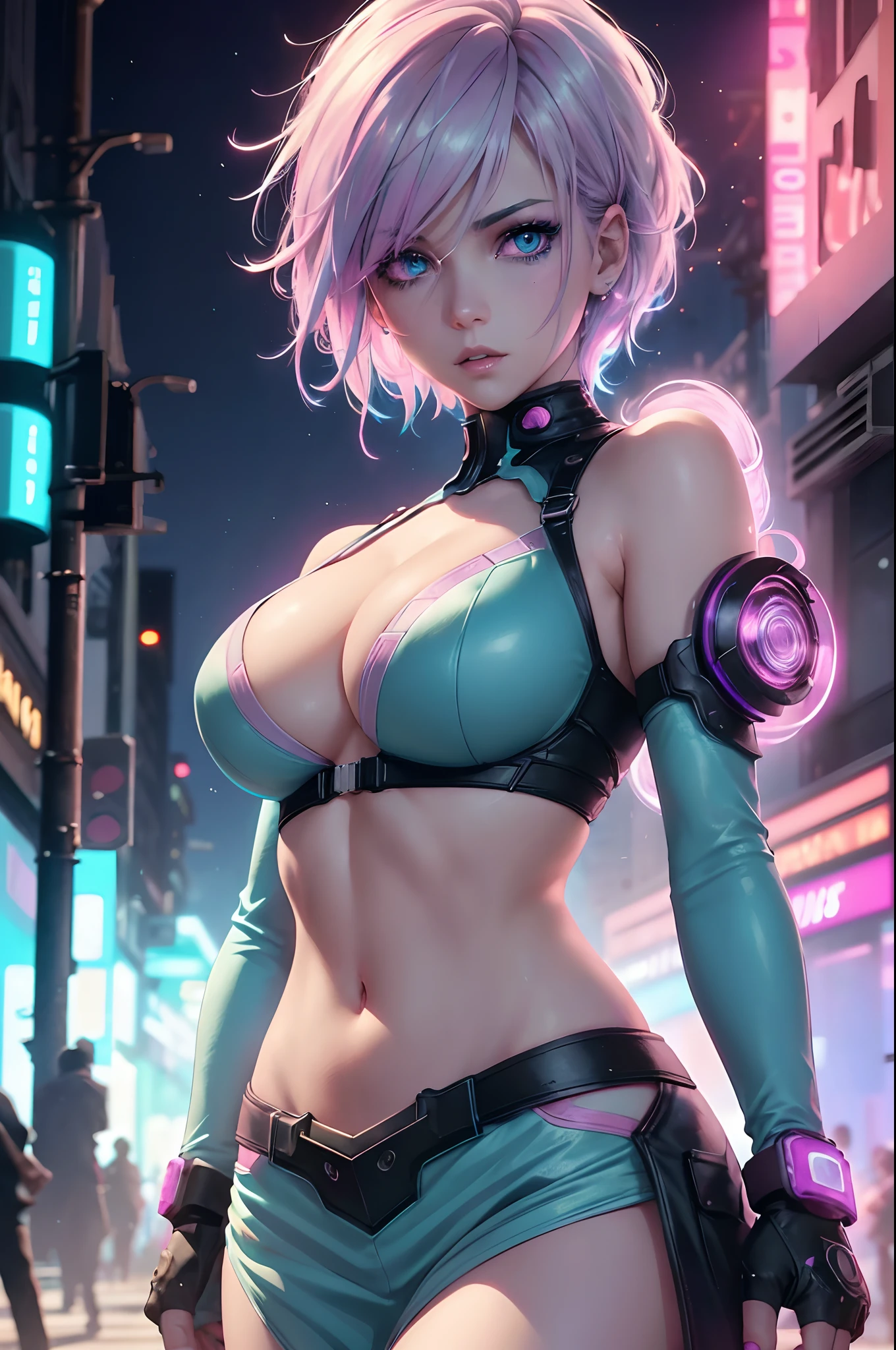 Anime woman in night city with colored lights shining on her skin, short white and pastel blue pink colored hair, pastel purple eyes, huge breasts, deep cleavage, dyed pastel colored hair, hair naturally white, highly detailed background, 8k wallpaper, (detailed face and eyes:1.4), (detailed hair:1.3), (warm lighting:1.5), (dynamic angle), (dynamic pose), (dynamic background), (visceral experience), intense emotion, high detailed eyes, (shadows), (RGB LED lighting), short hair, hair naturally white dyed pink blue and green, colorful lights glow, cyberpunk edgerunners, skimpy outfit, exposed midriff, high hipsters, red eyeshadow.