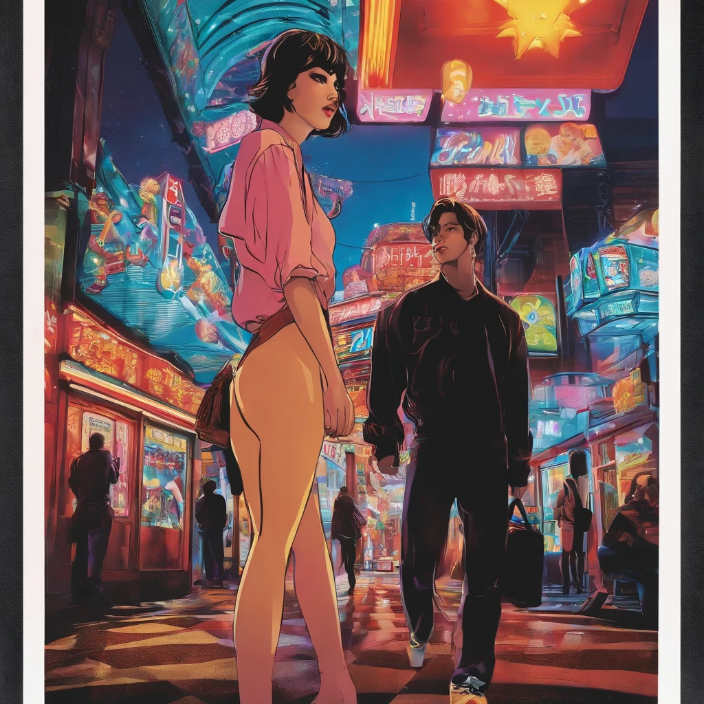 Posters inspired by the aesthetics of the 90s, including anime, arcade, Nostalgic and colorful colors,Kabukicho