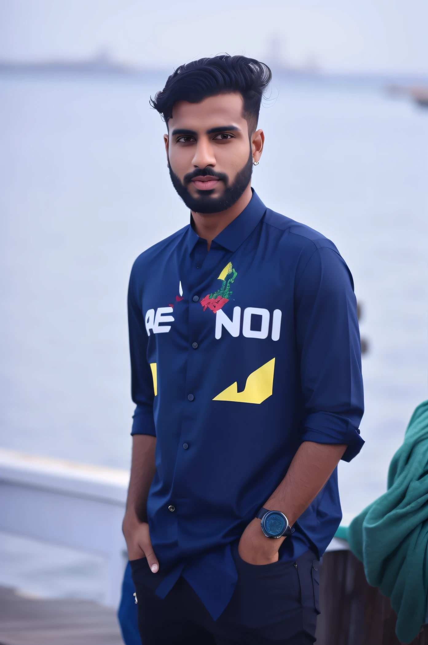 there is a man standing on a pier with a shirt on, mohamed chahin, riyahd cassiem, mohamed chahin style, candid picture, candid photo, ismail, handsome man, candid, serious focussed look, jayison devadas, zaha hadi, stylish pose, wearing in shirt, candid shot, inspired by Saurabh Jethani