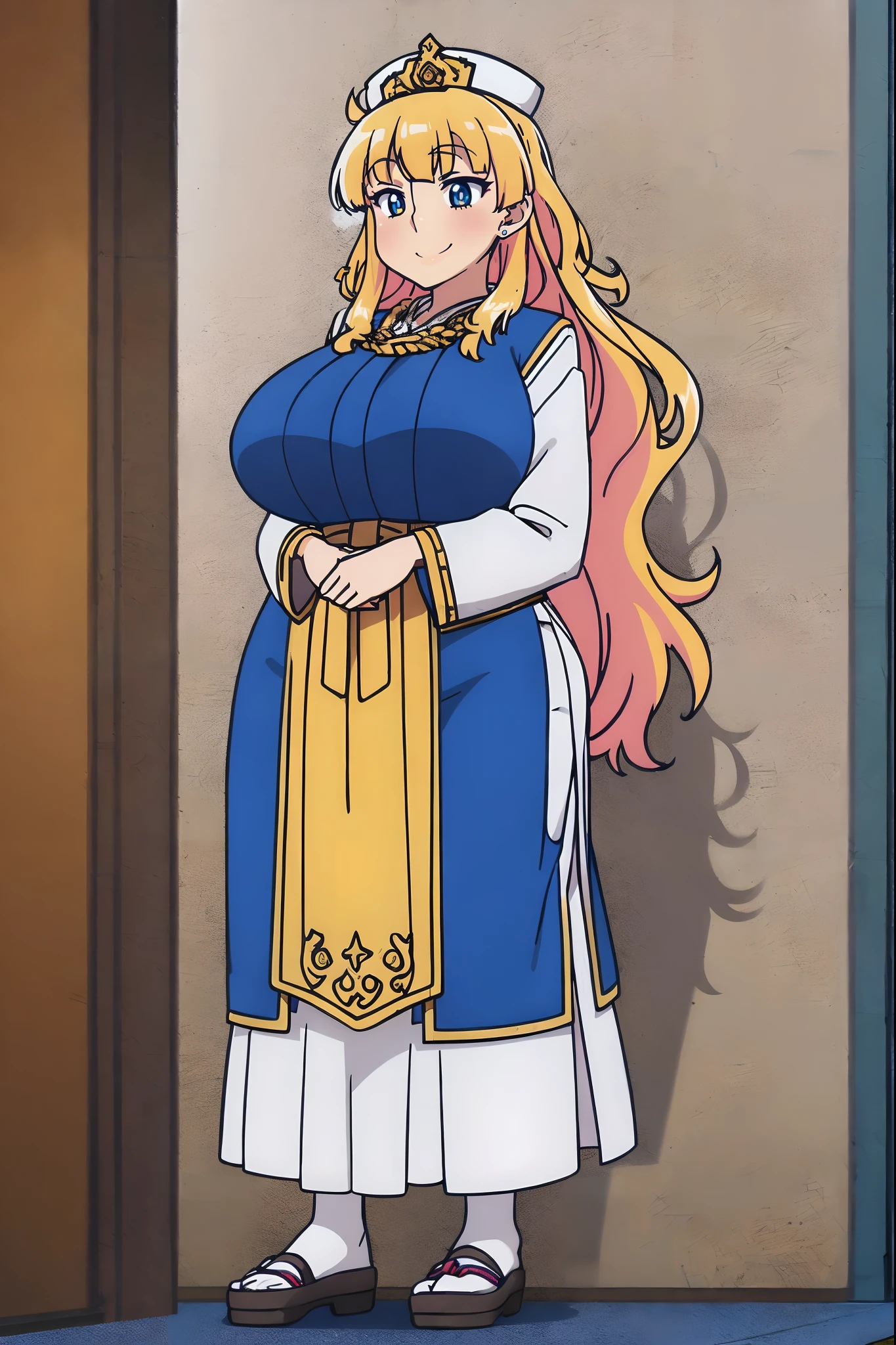 galko,1girl, solo, smile, full body, standing, long skirt, priestess, religious, holy, cute, blush,,chocovenus,big breast,tall female, curvy