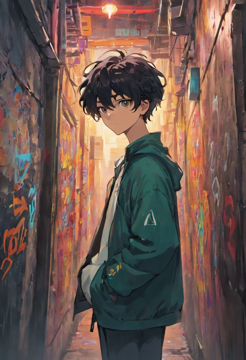 A man with short black curly hair and piercing brown eyes stands against a graffiti-covered wall in a dimly lit alley, exuding an air of mystery and rebellion, manga-inspired art style, paleta de cores vibrantes, dynamic lighting, Directed by: Hiroshi Nagai.