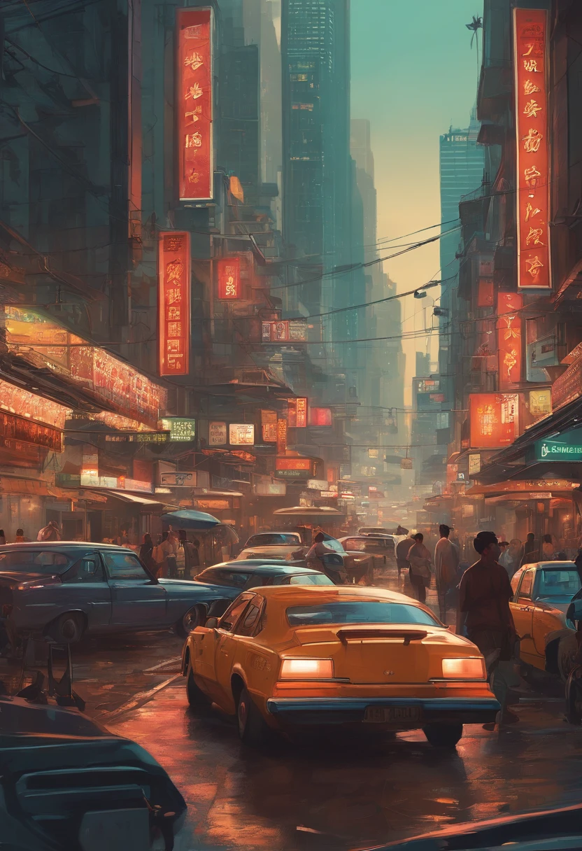 Illustration of a busy city street with people and cars, uma pintura digital inspirada em Liam Wong, trending in behance, arte conceitual, Arte de uma rua de Hong Kong, cartaz impresso de rua, detailed cyberpunk illustration, Estilo da cidade murada de Kowloon, Kowloon cyberpunk, chungking express paleta de cores, poster illustration, in a tropical and dystopic city, gta chinatown estilo de arte