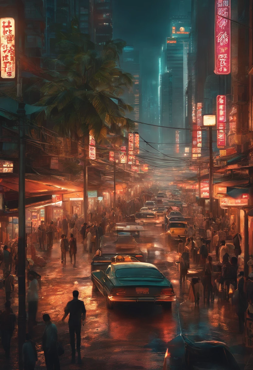 Illustration of a busy city street with people and cars, uma pintura digital inspirada em Liam Wong, trending in behance, arte conceitual, Arte de uma rua de Hong Kong, cartaz impresso de rua, detailed cyberpunk illustration, Estilo da cidade murada de Kowloon, Kowloon cyberpunk, chungking express paleta de cores, poster illustration, in a tropical and dystopic city, gta chinatown estilo de arte