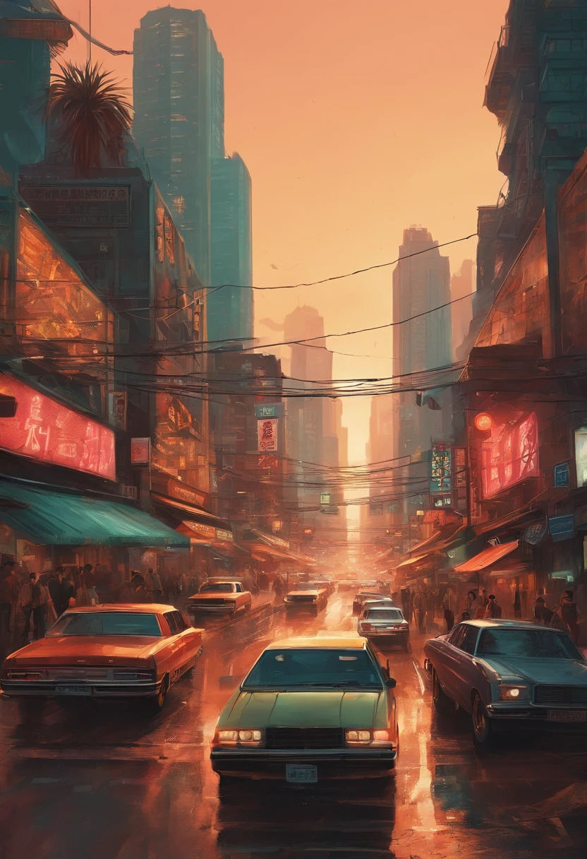 Illustration of a busy city street with people and cars, uma pintura digital inspirada em Liam Wong, trending in behance, arte conceitual, Arte de uma rua de Hong Kong, cartaz impresso de rua, detailed cyberpunk illustration, Estilo da cidade murada de Kowloon, Kowloon cyberpunk, chungking express paleta de cores, poster illustration, in a tropical and dystopic city, gta chinatown estilo de arte