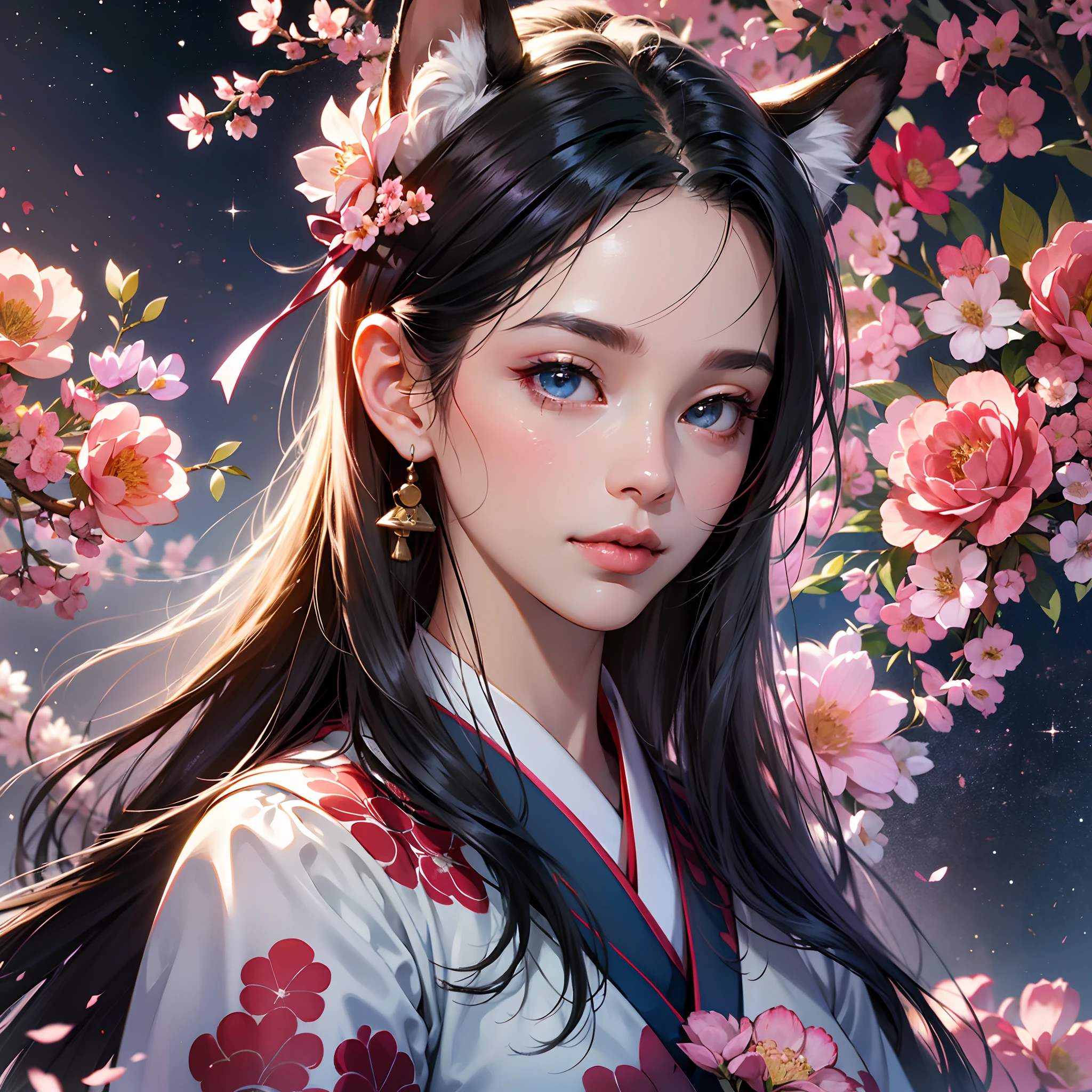 (absurdres, highres, ultra detailed), close-up of face, emphasis on face, focus on face, one woman, mature woman, aged, long straight hair, shiny beautiful hair, blue eyes, bangs, long sleeves, finely drawn eyes and detailed face, eye highlights, hands without breaks, rich lighting, pale pink lips, highly detailed CG unified 8K wallpaper, realistic, smooth skin, intricate details, portrait, gazing, solo, half shot, finely drawn face, soft smile, dynamic pose, classical period, (Ancient Japanese Subject: 1.1), Japan Mythology, Fox Ears, Japanese, Ruler, Blue Kimono, Floral Kimono, Ancient Themes, (Prosperous Civilization: 1.1), Moon in Background, (Immaculate: 1.1) Shrine, Torii Gate, Japanese Landscape, Old City in Background, Fox Mask, Fantastic, Dreamy, Romantic, Light Dancing, Lantern, Austerity, Night, Darkness, Stars, Portrait, Cinematic Lighting, floral hairpiece, having a date, cherry blossom