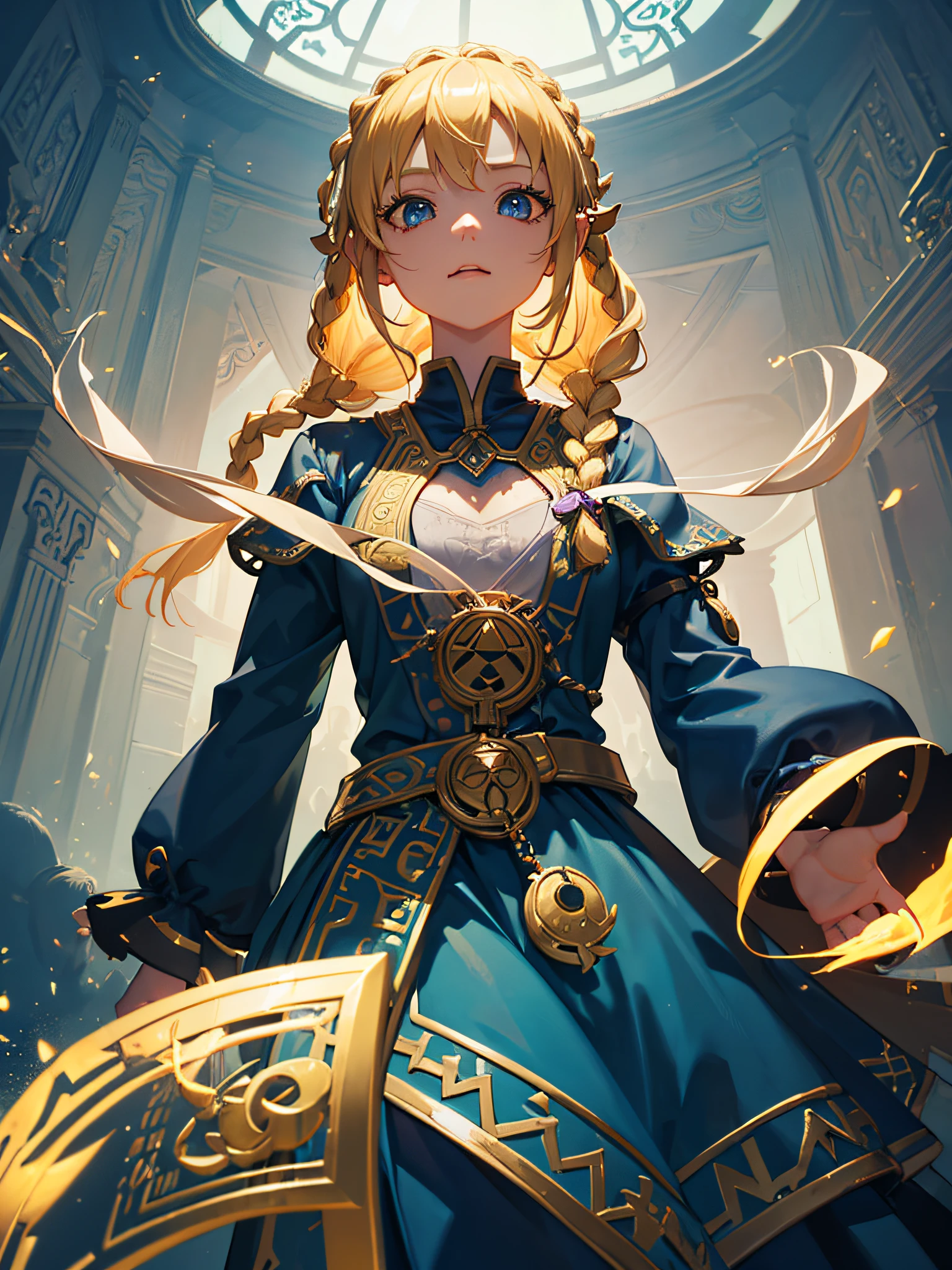 Girl wearing Majoras Mask, light blonde hair with side braids, medium breasts, symbols on hands, emanating a sinister aura, full body, (ultra-realistic), {extremely detailed 8k CG unit wallpaper}, landscape photography expansive, (a view from below focusing on the model and the sky above), (wide open field view), (high angle shot), (high light: 1.6), (low light: 1.2), (light source Warm: 1.8), Intricate Details, (Iridescent Colors: 1.5), (Bright Lighting), (Atmospheric Lighting), Dreamy, Magical, The Legend of Zelda, Stately