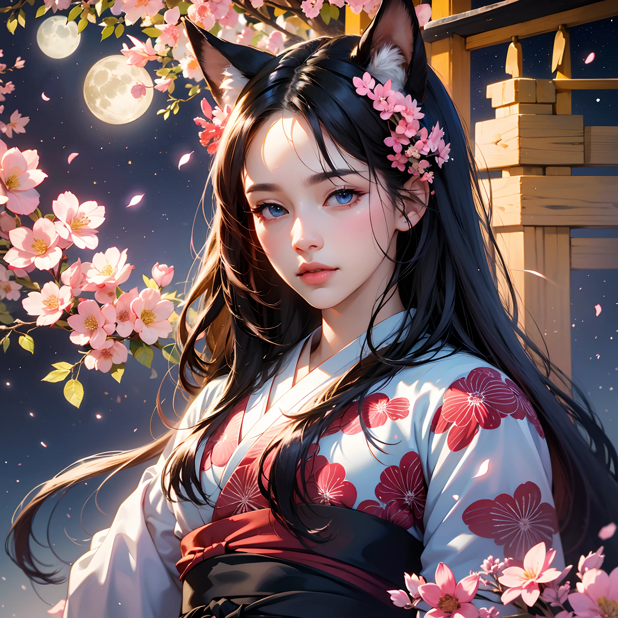 (absurdres, highres, ultra detailed), close-up of face, emphasis on face, focus on face, one woman, mature woman, aged, long straight hair, shiny beautiful hair, blue eyes, bangs, long sleeves, finely drawn eyes and detailed face, eye highlights, hands without breaks, rich lighting, pale pink lips, highly detailed CG unified 8K wallpaper, realistic, smooth skin, intricate details, portrait, gazing, solo, half shot, finely drawn face, soft smile, dynamic pose, classical period, (Ancient Japanese Subject: 1.1), Japan Mythology, Fox Ears, Japanese, Ruler, Blue Kimono, Floral Kimono, Ancient Themes, (Prosperous Civilization: 1.1), Moon in Background, (Immaculate: 1.1) Shrine, Torii Gate, Japanese Landscape, Old City in Background, Fox Mask, Fantastic, Dreamy, Romantic, Light Dancing, Lantern, Austerity, Night, Darkness, Stars, Portrait, Cinematic Lighting, floral hairpiece, having a date, cherry blossom --auto --s2
