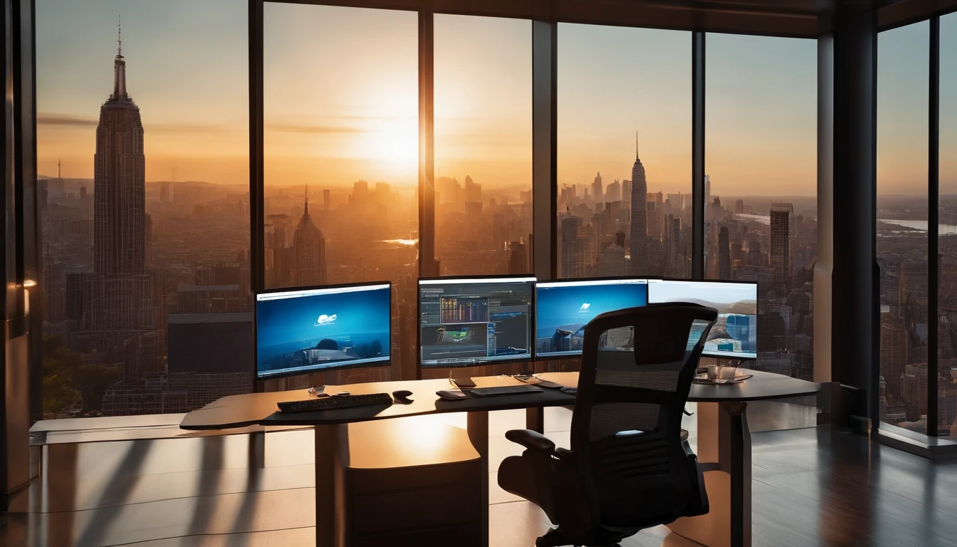 zoom office backgrounds Variable income trading desk with computer and accessories, Morning light, janelas, vista para cidade