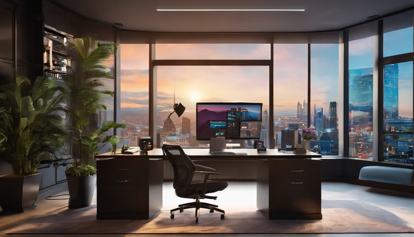 zoom office backgrounds Variable income trading desk with computer and accessories, Morning light, janelas, vista para cidade