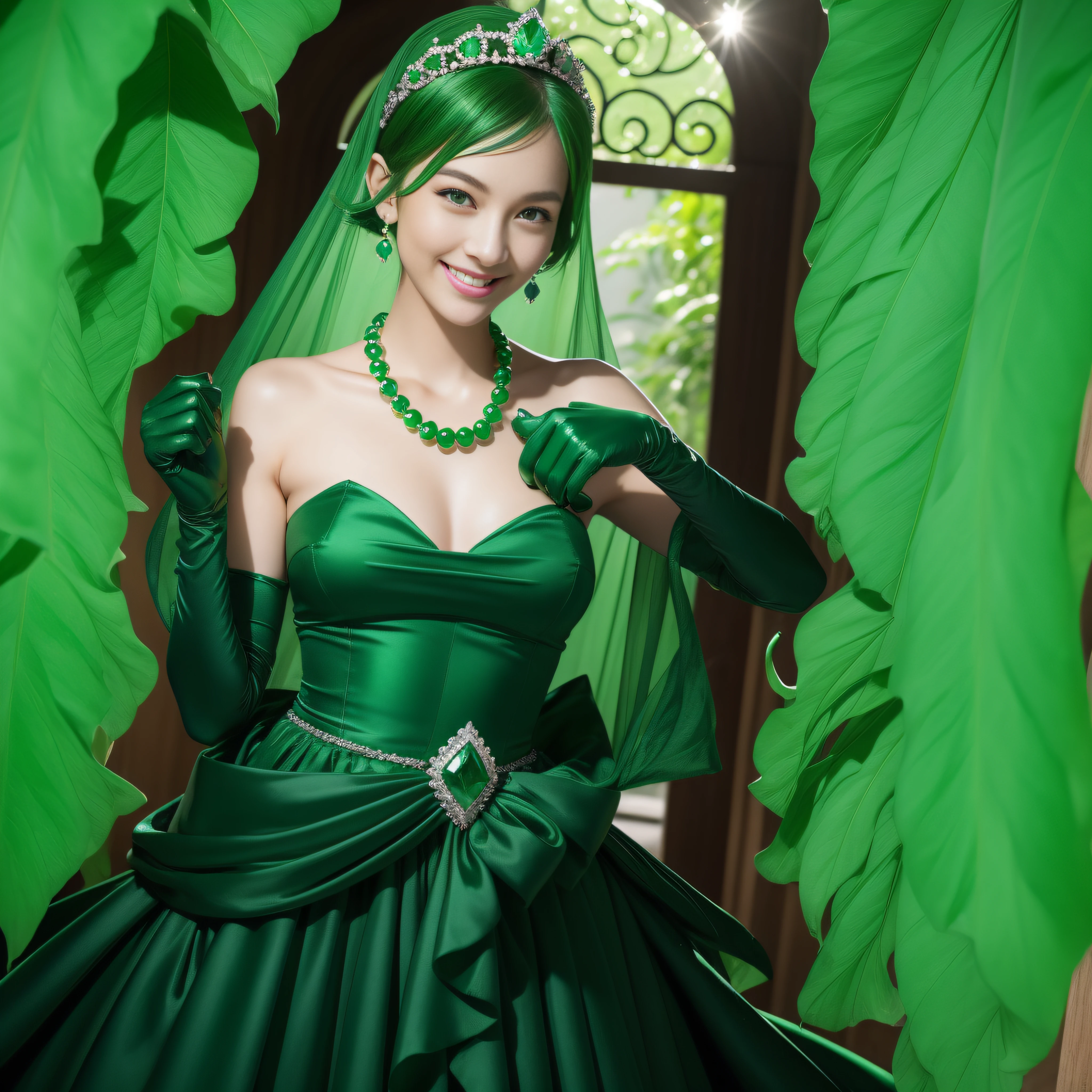 emerald tiara, Green Pearl Necklace, Boyish very short green hair, lipsticks, Japan woman smiling, very short short hair, big breasts beautiful, Green eyes, Long green gloves made of satin material, Green eyes, Emerald Earrings, Green dress