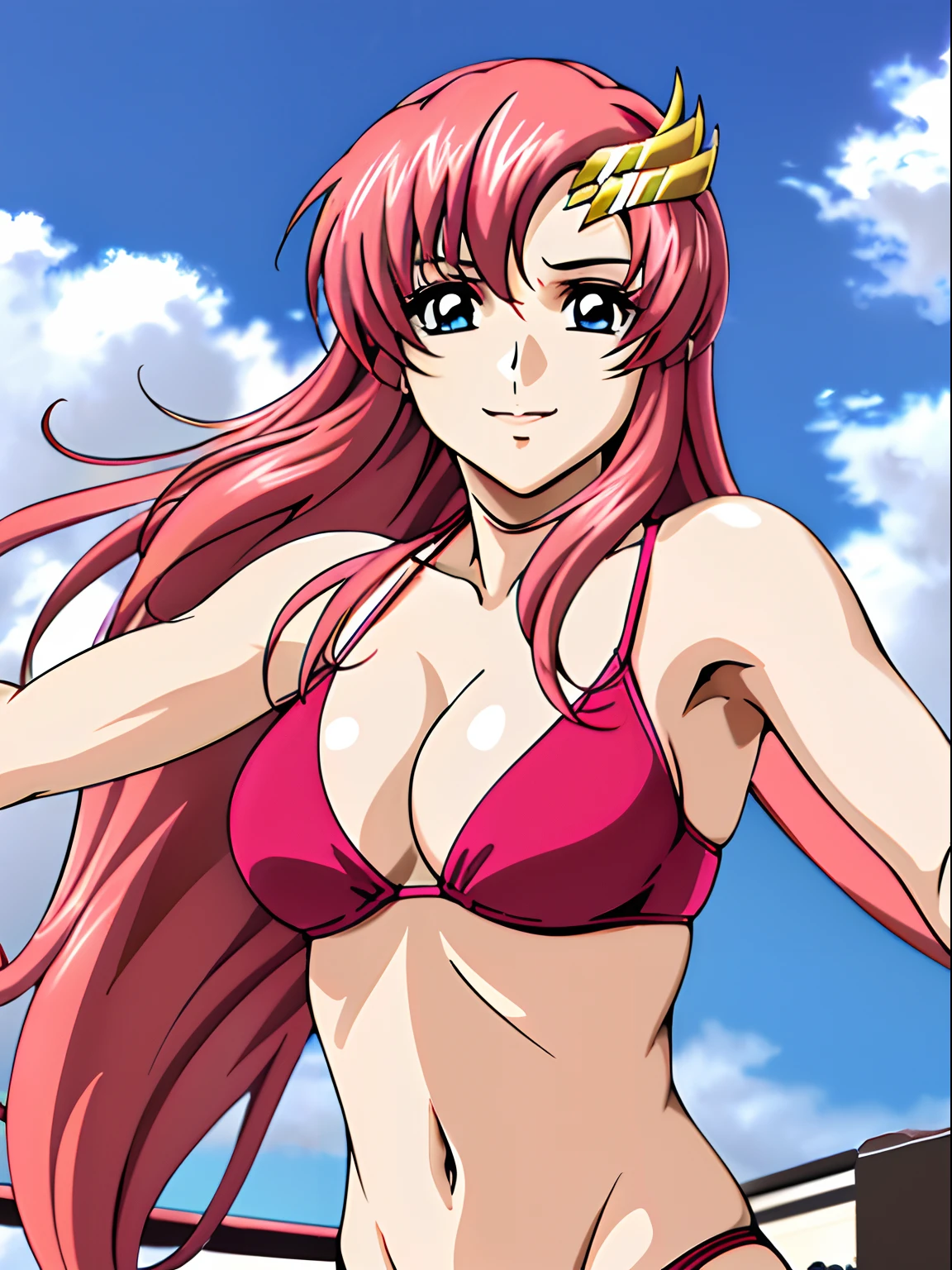 (masterpiece, upper body view, 4K, Best Quality, Anime style: 1.9,, Adult Woman, ultra detailed face, (cloud background, wrestling), Drawing lines, high resolution, Anime, lacus4), 1girl, Solo, curvy figure, Long hair, 鎖骨, scapular, (Detailed wide hair bangs, Hair Ornament, Detailed reddish-pink hair, golden crest), cleavage, large hands, (female wrestler). (Big blue eyes, shiny eyes), ((female wrestler, slender body, broad shoulders, closed fists)), ((perfect proportions, medium breasts, long belly)), (((bikini, pink wrestling gear))), happy, smile, (standing, looking at the viewer)