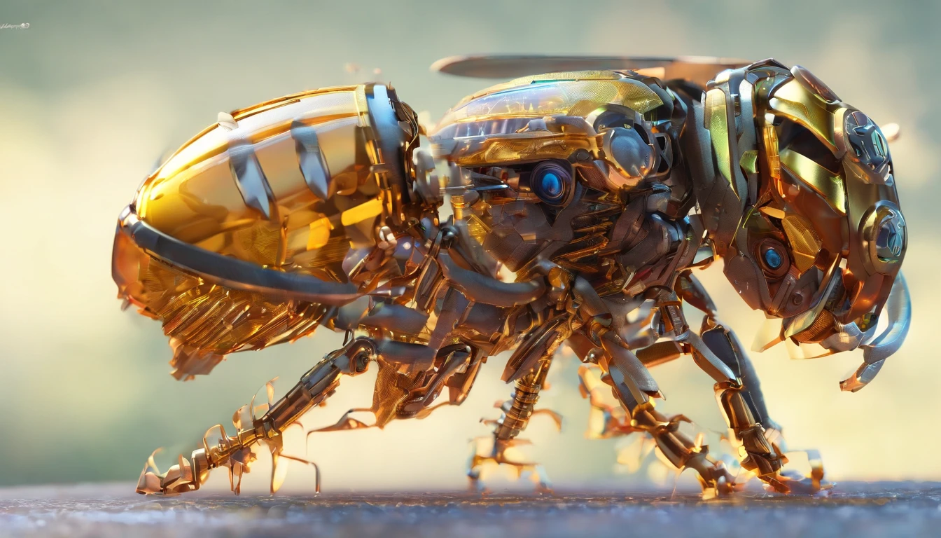 Masterpiece, High definition, High detail, Masterpiece, Best quality, Highest quality, Ultra detailed, High resolution, Ultra highly detailed, robotic, futuristic, honey bee, six legs, electronic, robotic futuristic, side view, in flight, view from side, alien technology, technological drone, Broken Glass effect, no background, stunning, something that even doesn't exist, mythical being, energy, molecular, textures, iridescent and luminescent scales, breathtaking beauty, pure perfection, divine presence, unforgettable, impressive, breathtaking beauty, Volumetric light, auras, rays, vivid colors reflects