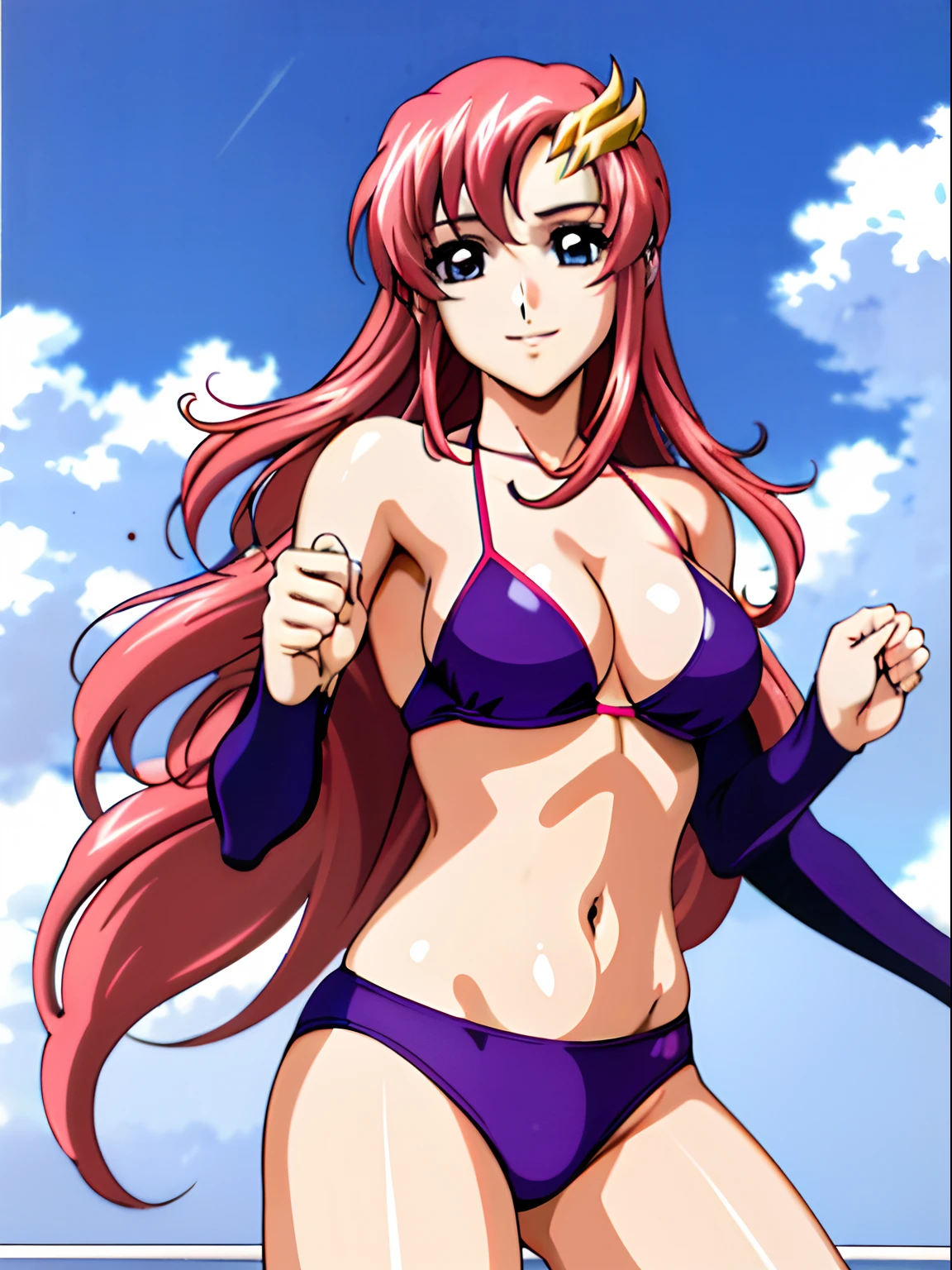(masterpiece, upper body view, 4K, Best Quality, Anime style: 1.9,, Adult Woman, ultra detailed face, (cloud background, wrestling), Drawing lines, high resolution, Anime, lacus4), 1girl, Solo, curvy figure, Long hair, 鎖骨, scapular, (Detailed wide hair bangs, Hair Ornament, Detailed reddish-pink hair, golden crest), cleavage, large hands, (female wrestler). (Big blue eyes, shiny eyes), ((female wrestler, slender body, broad shoulders, closed fists)), ((perfect proportions, medium breasts, long belly)), (((bikini, pink wrestling gear))), happy, smile, (standing, looking at the viewer)