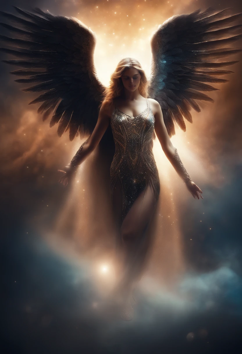 cosmic fallen angel, olhos claros brilhantes, Biomechanicals, estranho, assustador, Pesadelo, cores muito brilhantes, light particles, com luz brilhante, Mshiff, Arte do papel de parede, Papel de parede UHD
