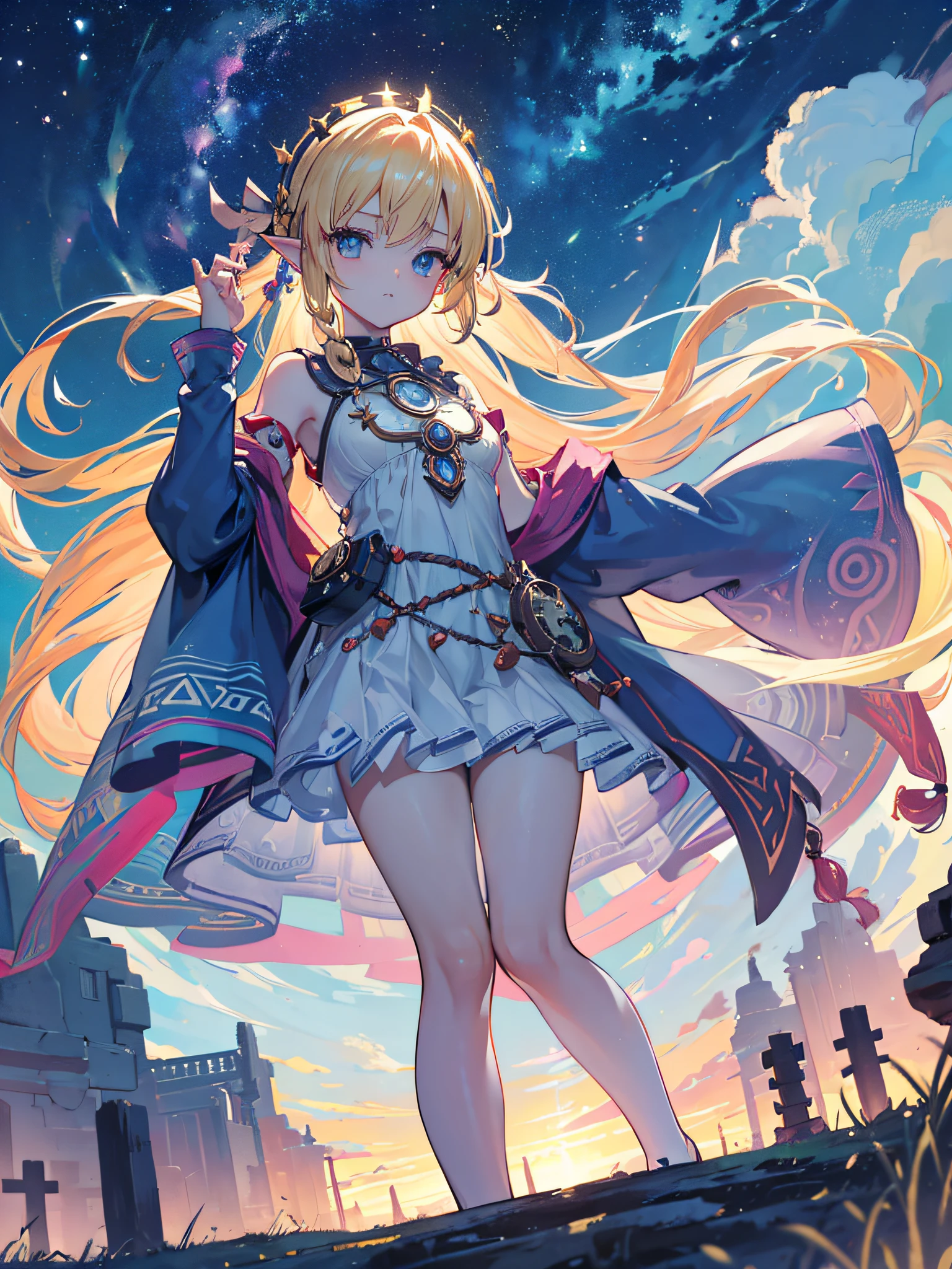 Girl wearing Majoras Mask, light blonde hair with side braids, medium breasts, symbols on hands, emanating a sinister aura, full body, (ultra-realistic), {extremely detailed 8k CG unit wallpaper}, landscape photography expansive, (a view from below focusing on the model and the sky above), (wide open field view), (high angle shot), (high light: 1.6), (low light: 1.2), (light source Warm: 1.8), Intricate Details, (Iridescent Colors: 1.5), (Bright Lighting), (Atmospheric Lighting), Dreamy, Magical, The Legend of Zelda, Stately